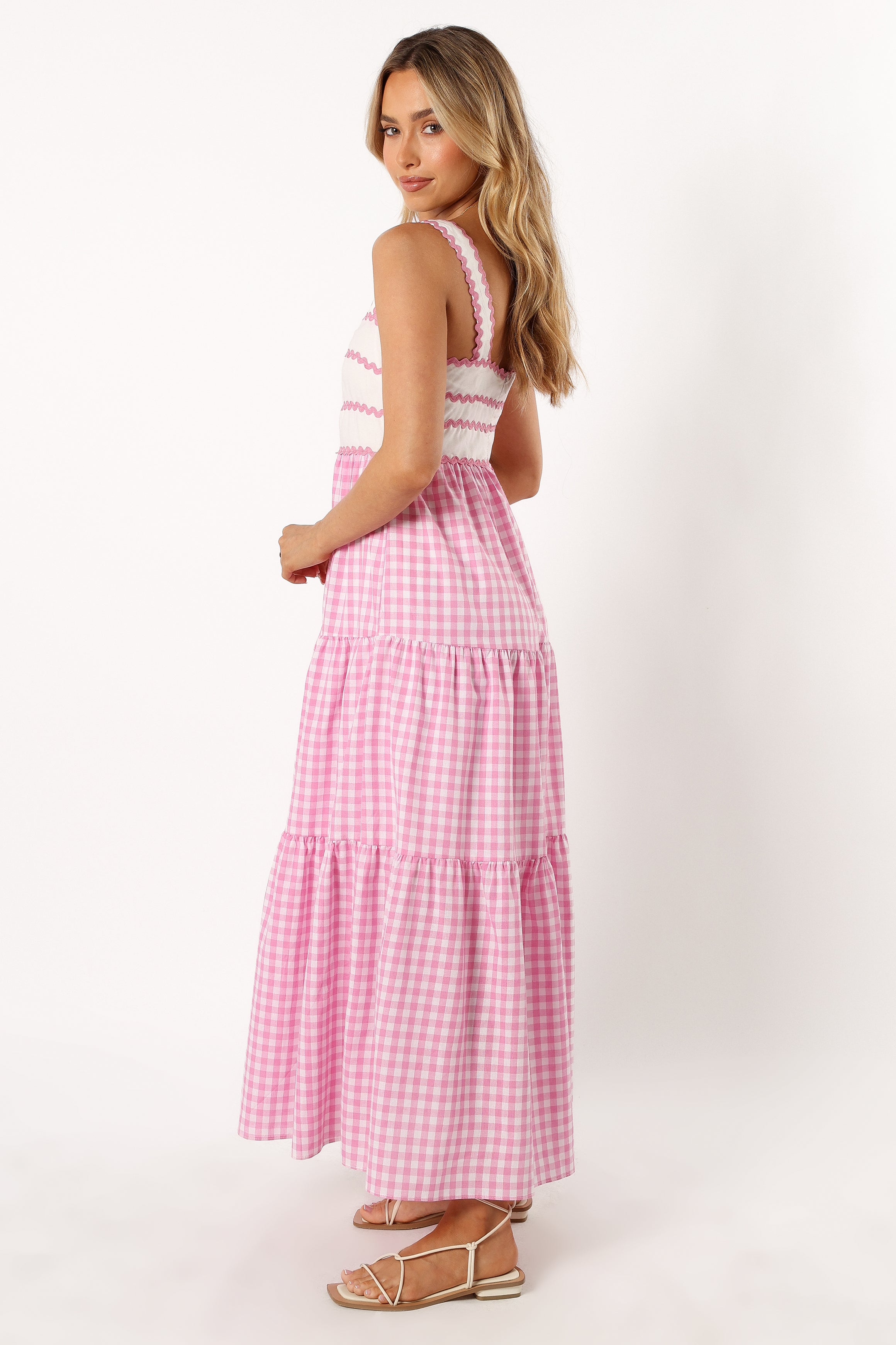 DRESSES @Rebecca Contrast Midi Dress - Pink Gingham