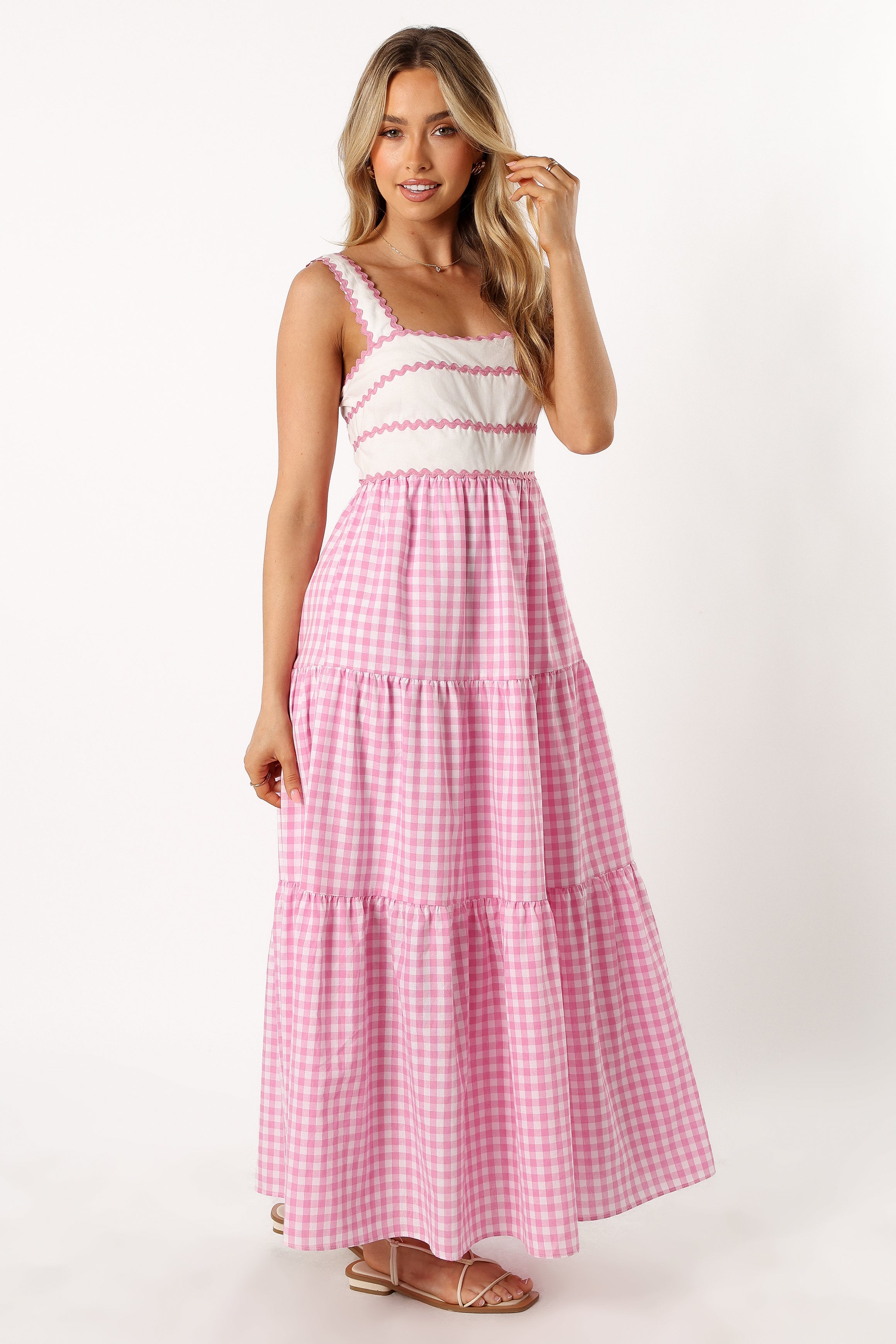 DRESSES @Rebecca Contrast Midi Dress - Pink Gingham
