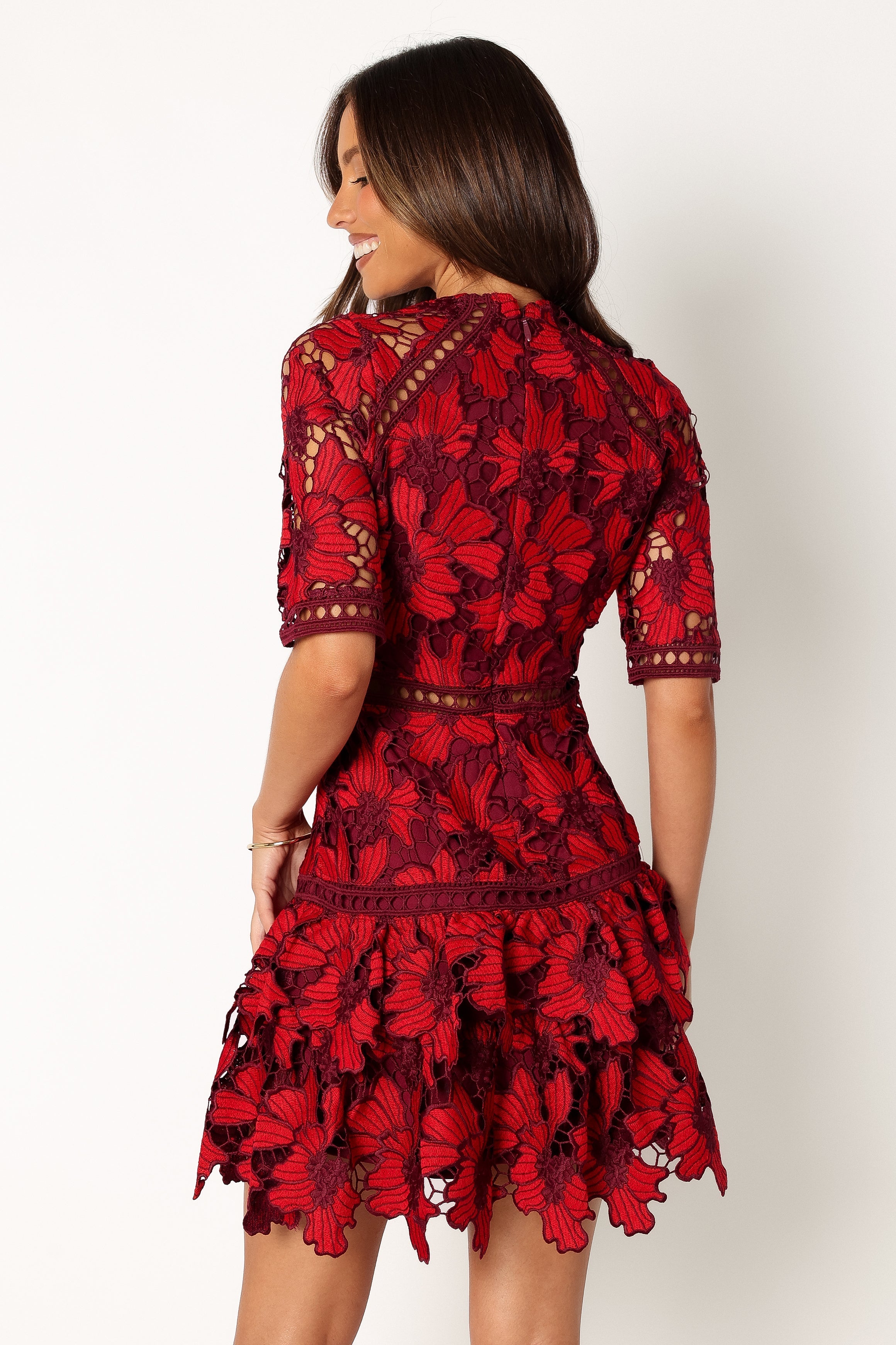 DRESSES @Reign Short Sleeve Lace Mini Dress - Wine