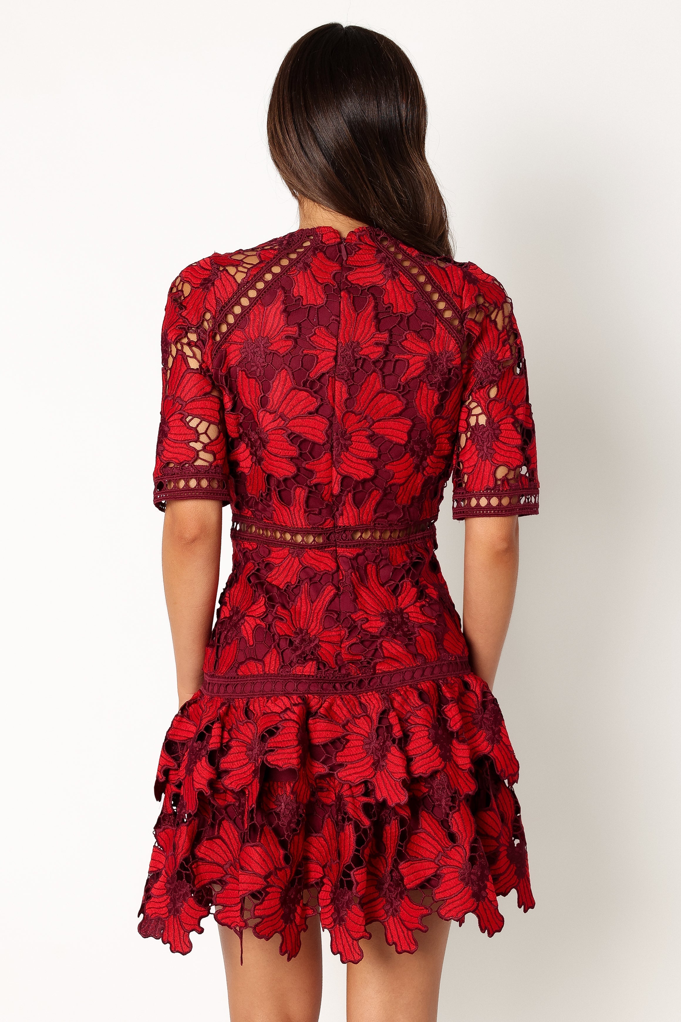 DRESSES @Reign Short Sleeve Lace Mini Dress - Wine