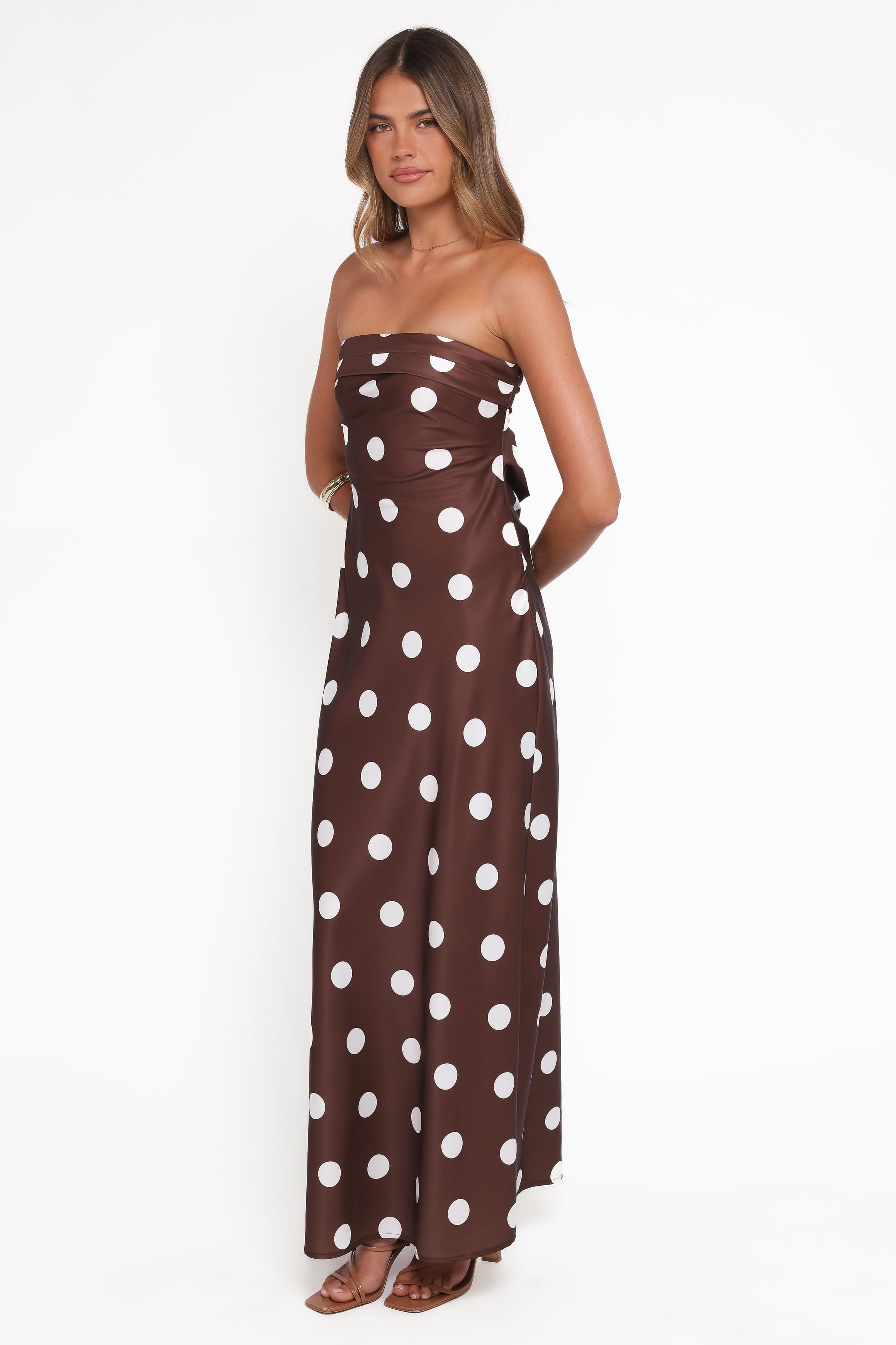 DRESSES Remmie Strapless Maxi Dress - Brown Polka Dot