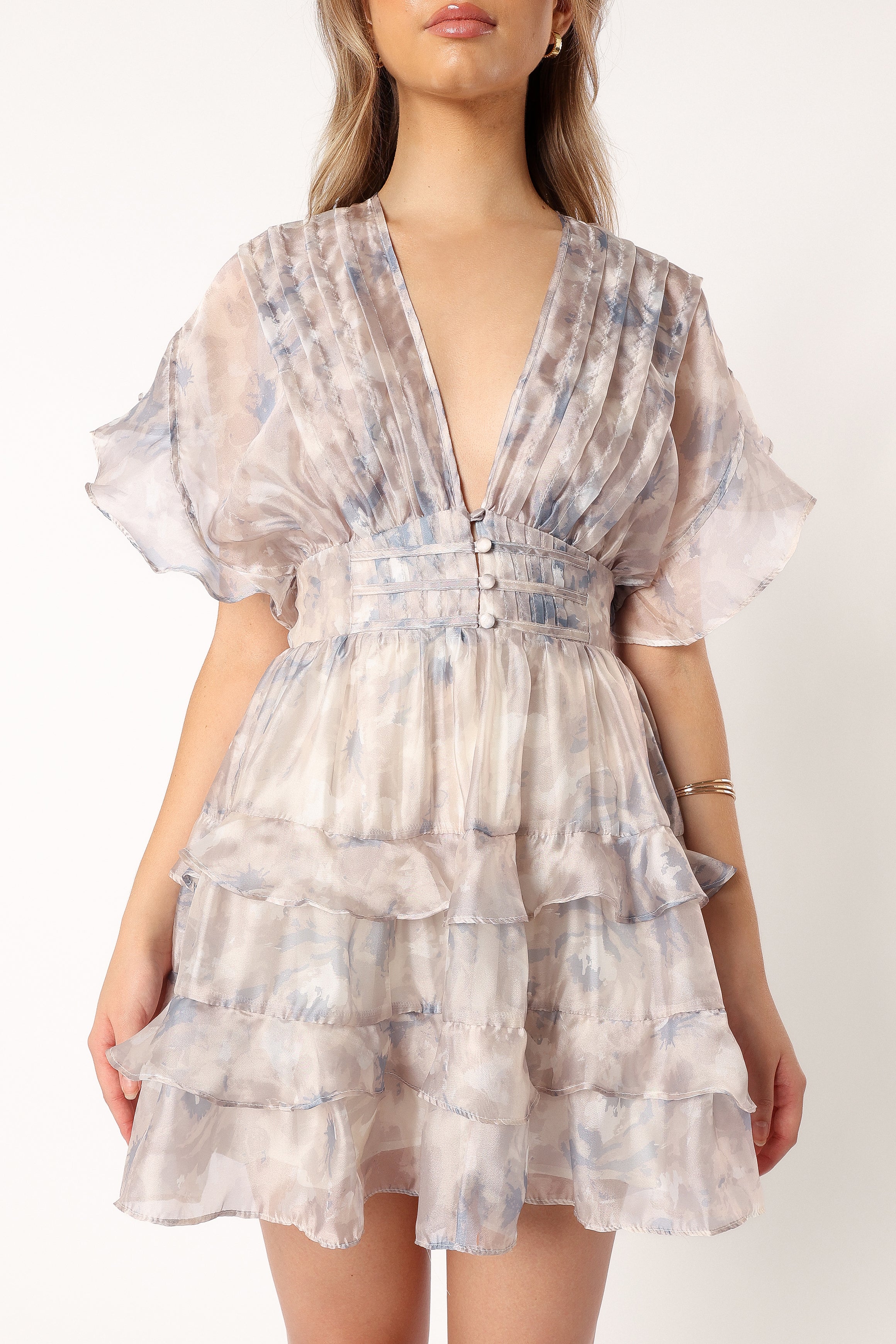 DRESSES @Rina Tiered Mini Dress - Beige Blue Floral