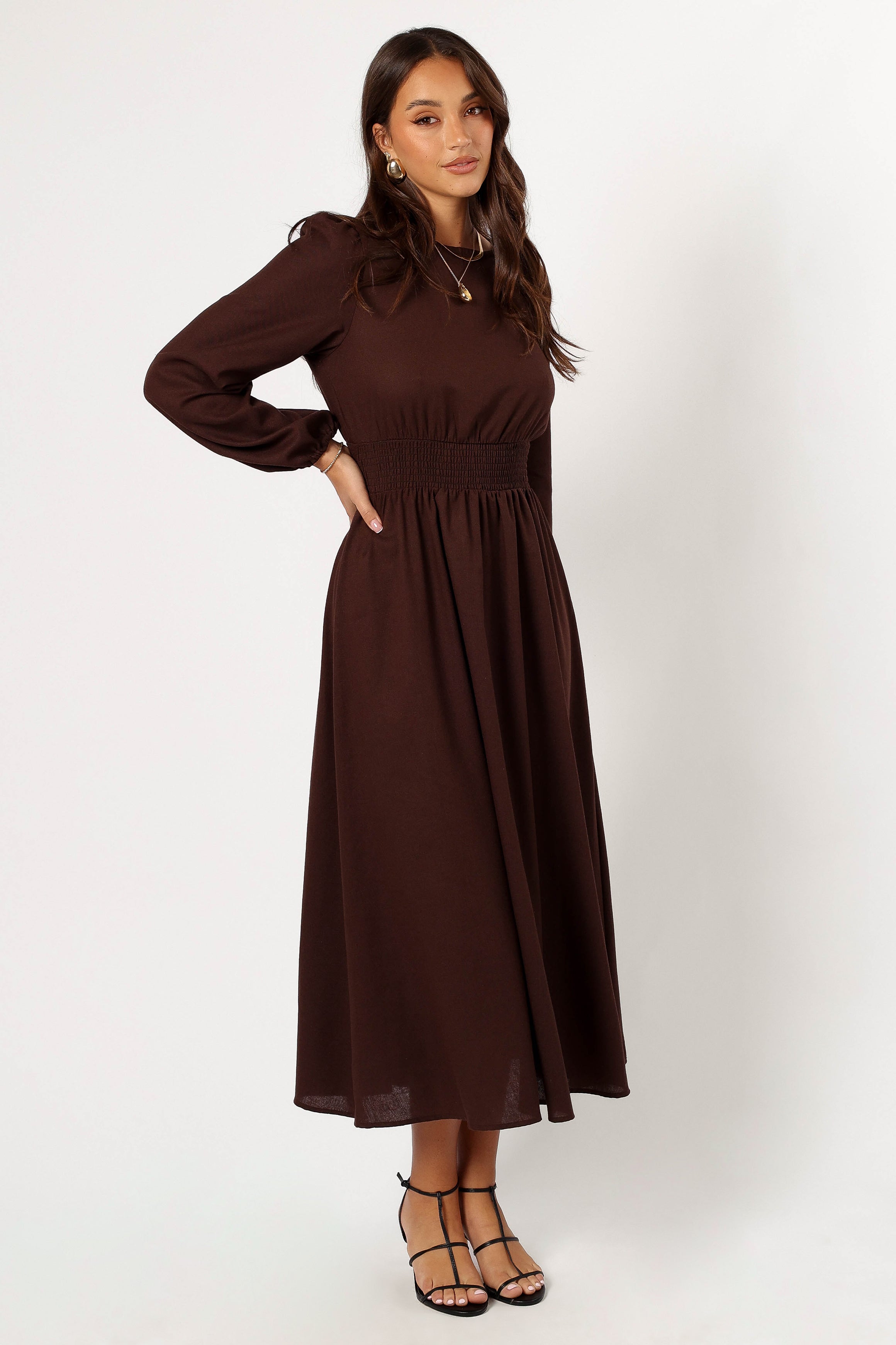DRESSES @Roman Long Sleeve Maxi Dress - Brown