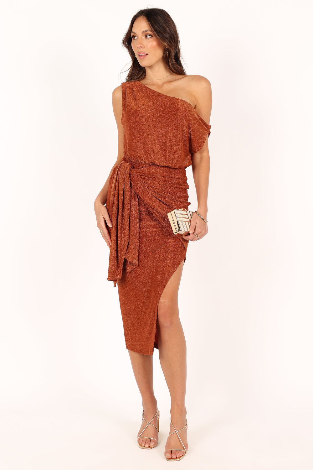 Santiago Off Shoulder Midi Dress - Bronze - View 3 | Shop Formal Dress