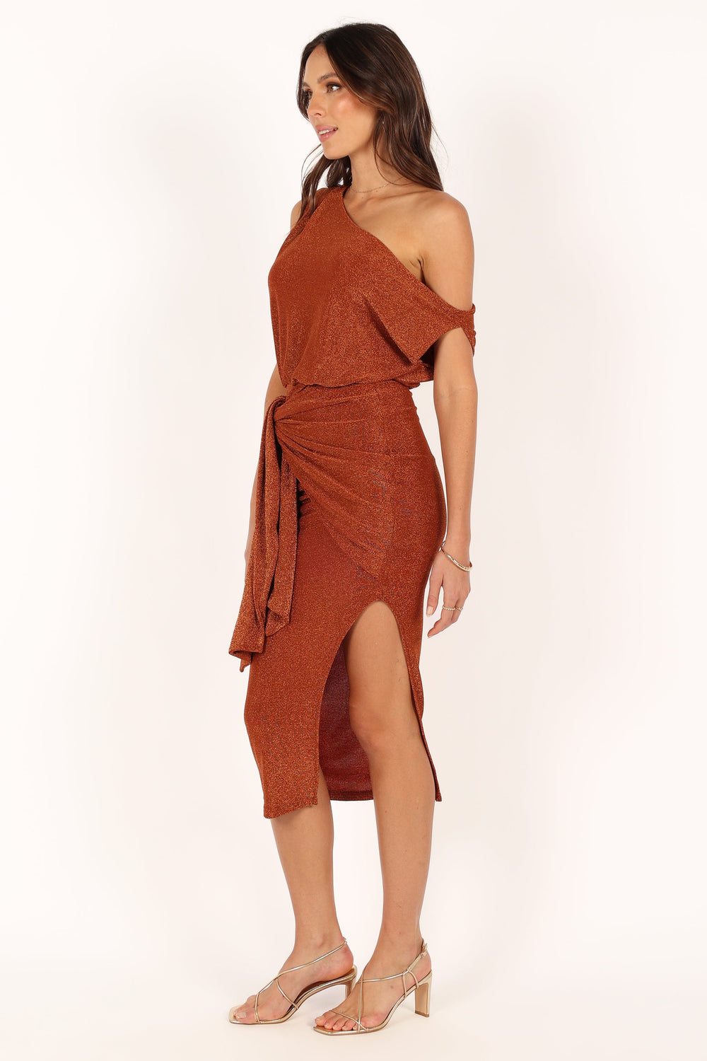 Santiago Off Shoulder Midi Dress - Bronze - View 5 | Shop Formal Dress
