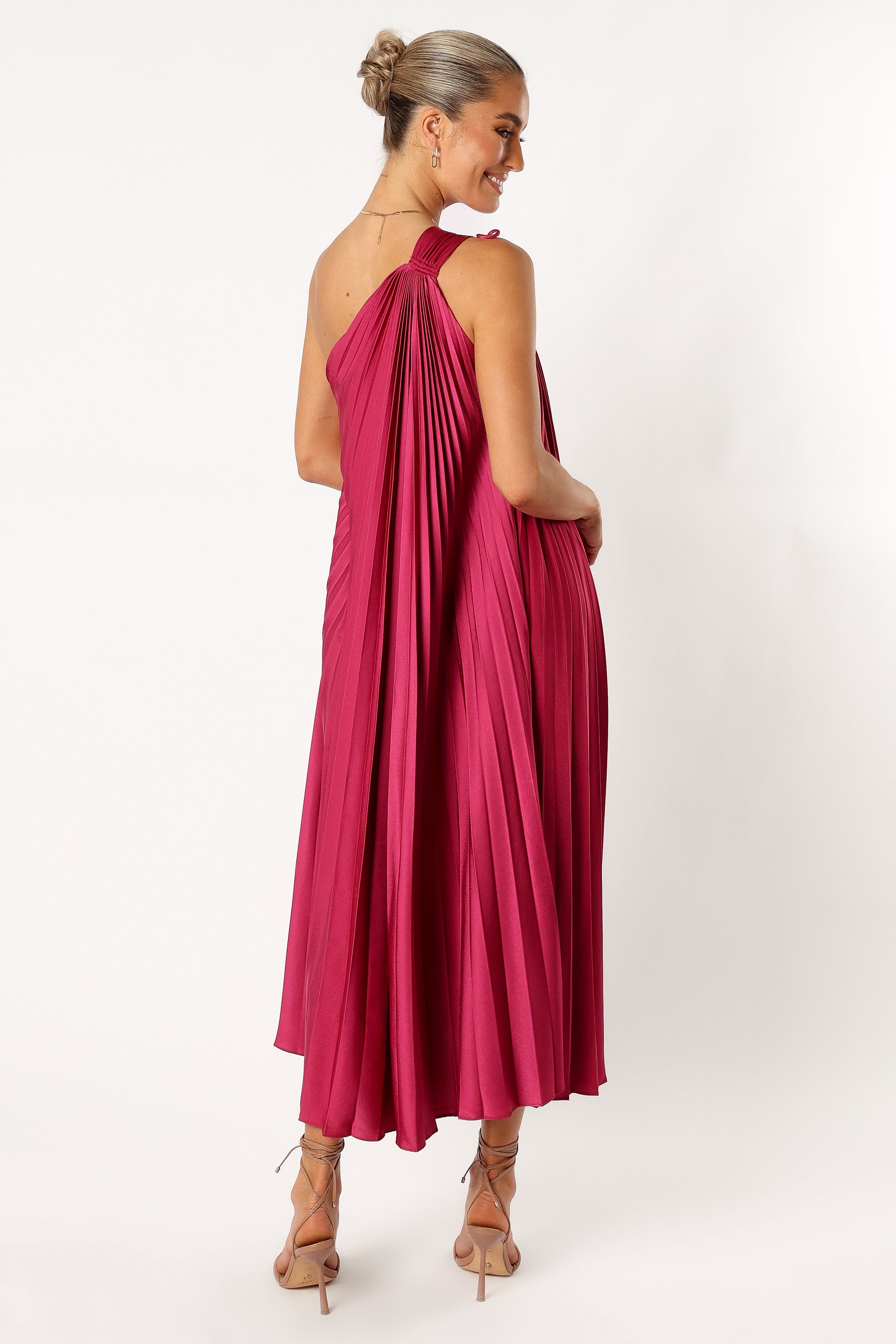 DRESSES @Selena One Shoulder Midi Dress - Viva Magenta