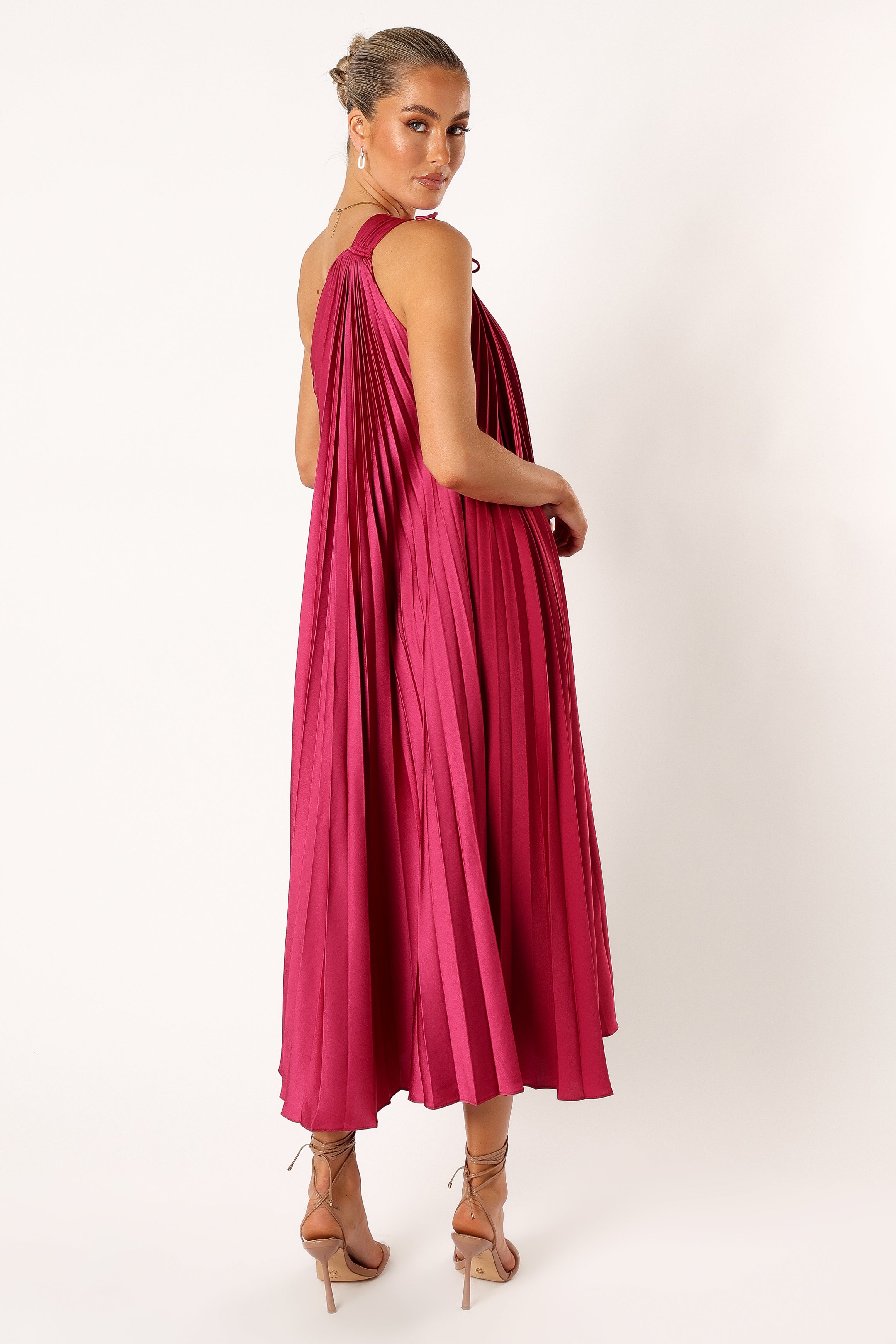 DRESSES @Selena One Shoulder Midi Dress - Viva Magenta