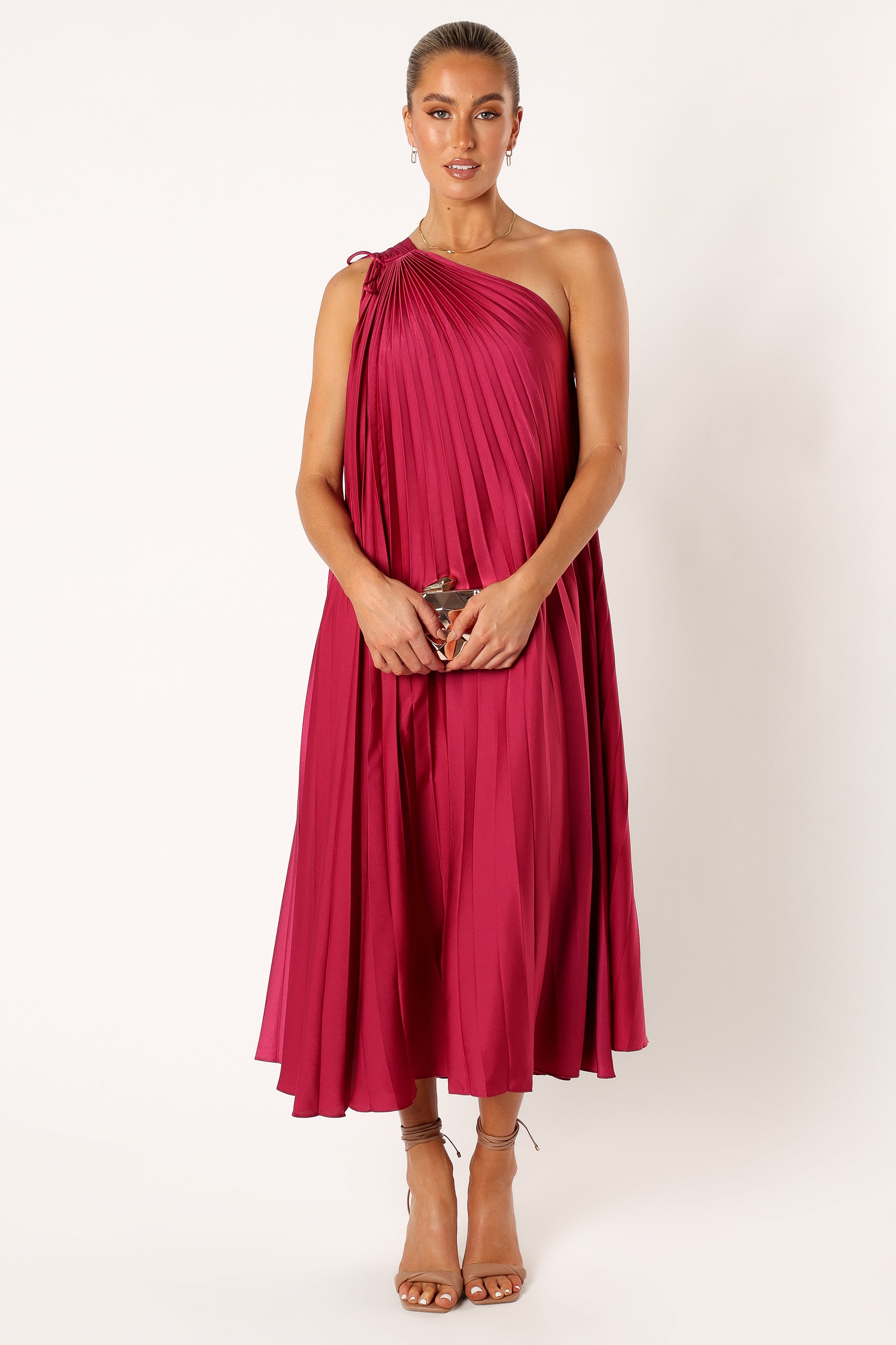 DRESSES @Selena One Shoulder Midi Dress - Viva Magenta
