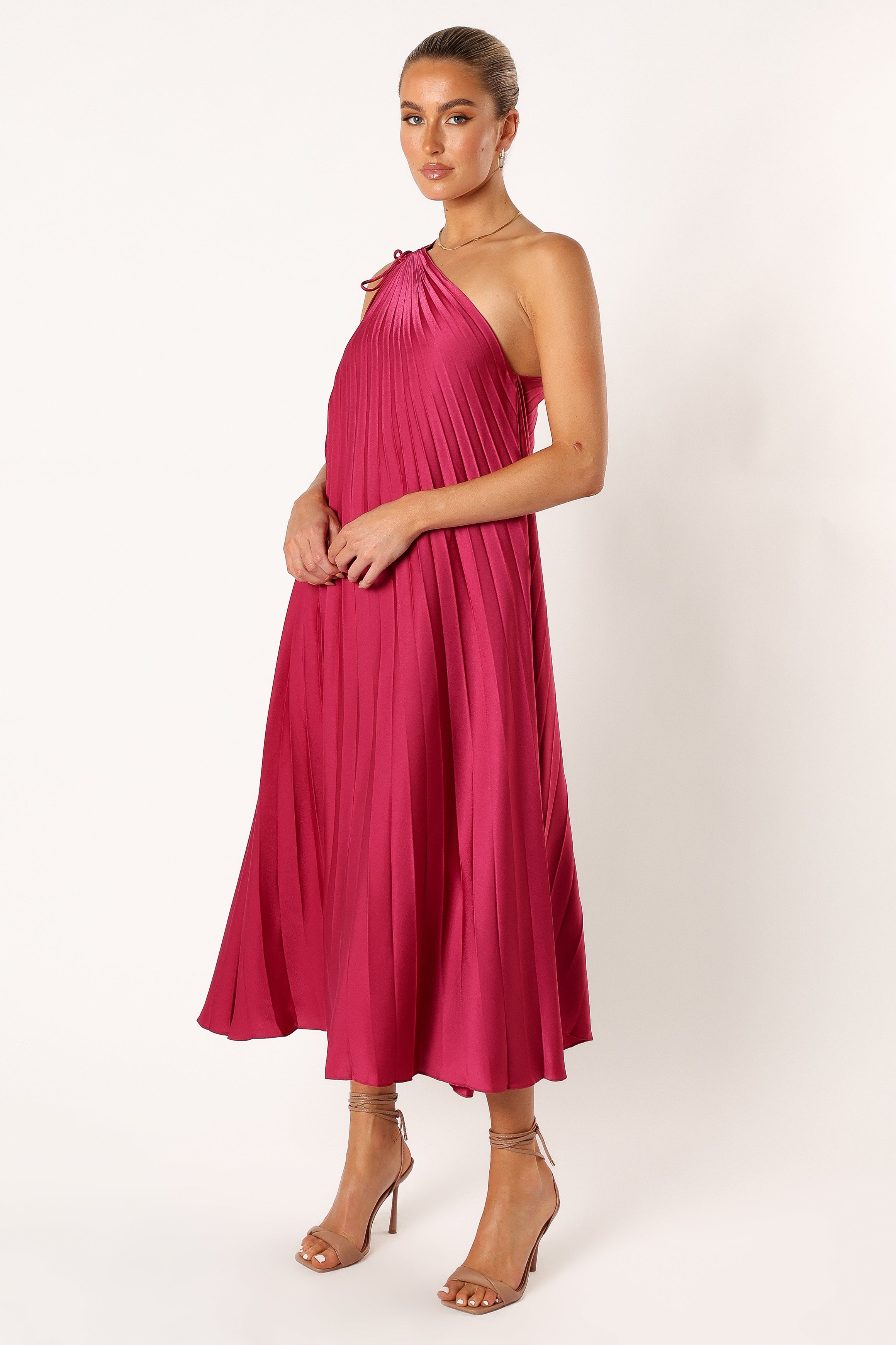 DRESSES @Selena One Shoulder Midi Dress - Viva Magenta