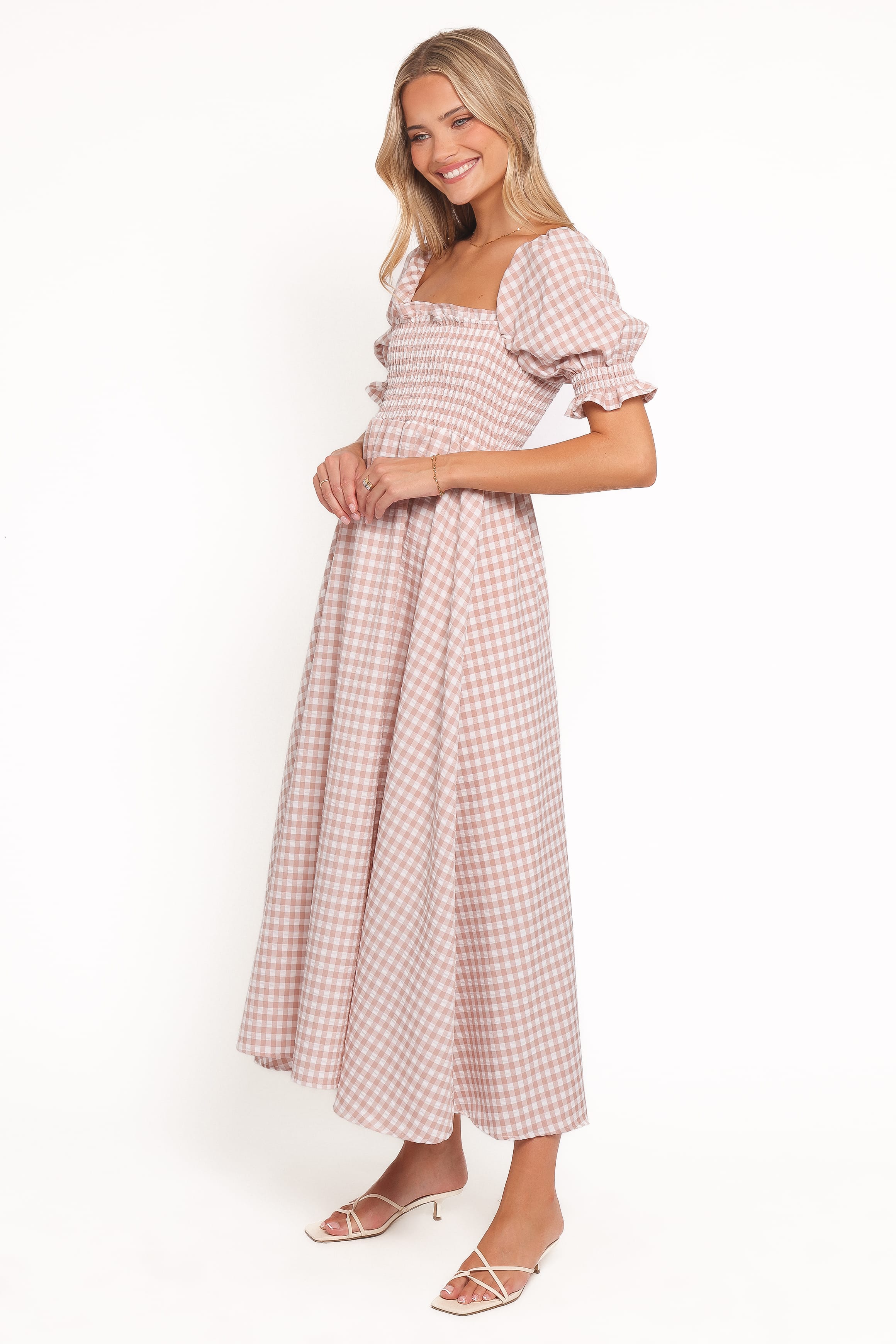 DRESSES Siun Short Sleeve Midi Dress - Brown Gingham