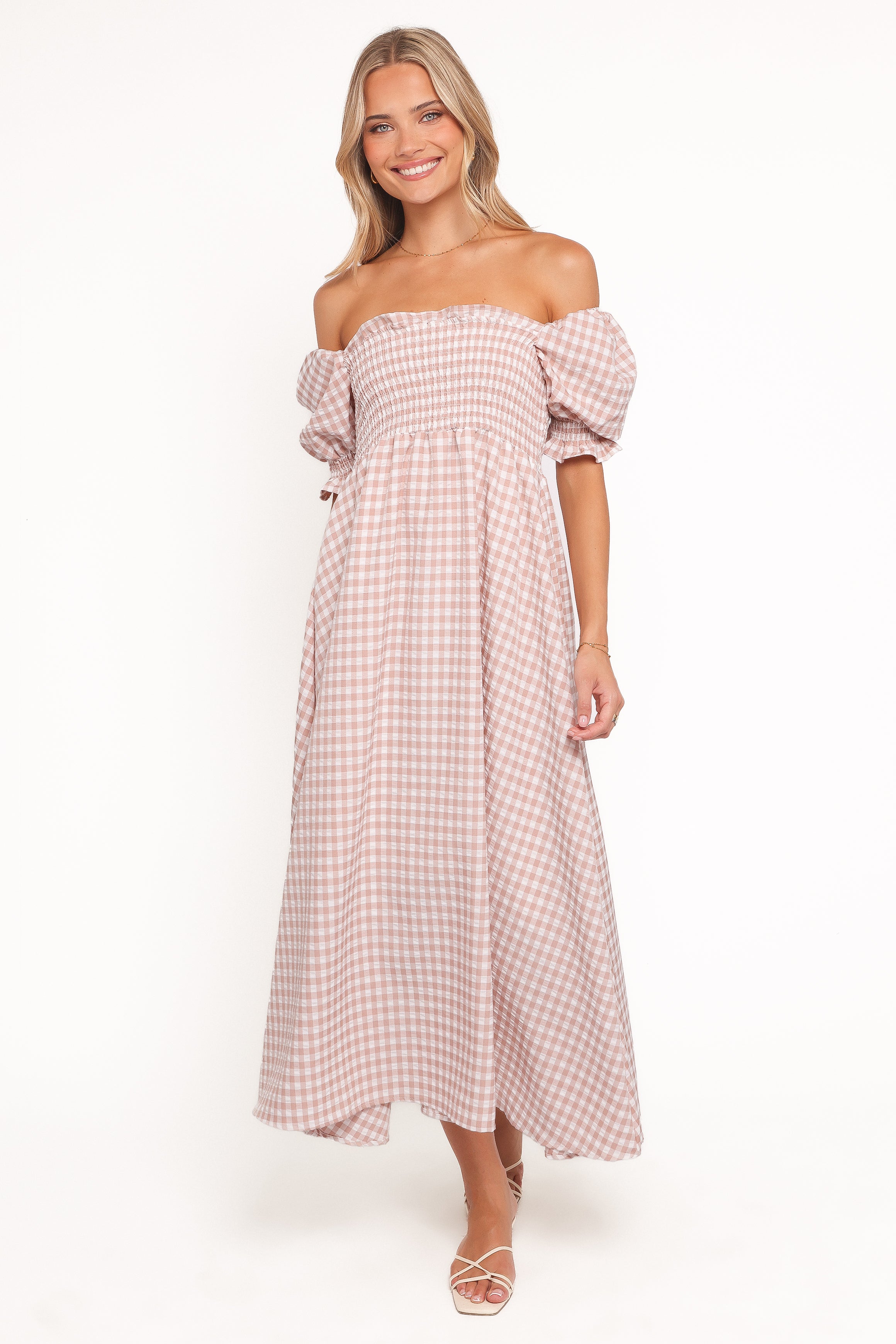 DRESSES Siun Short Sleeve Midi Dress - Brown Gingham