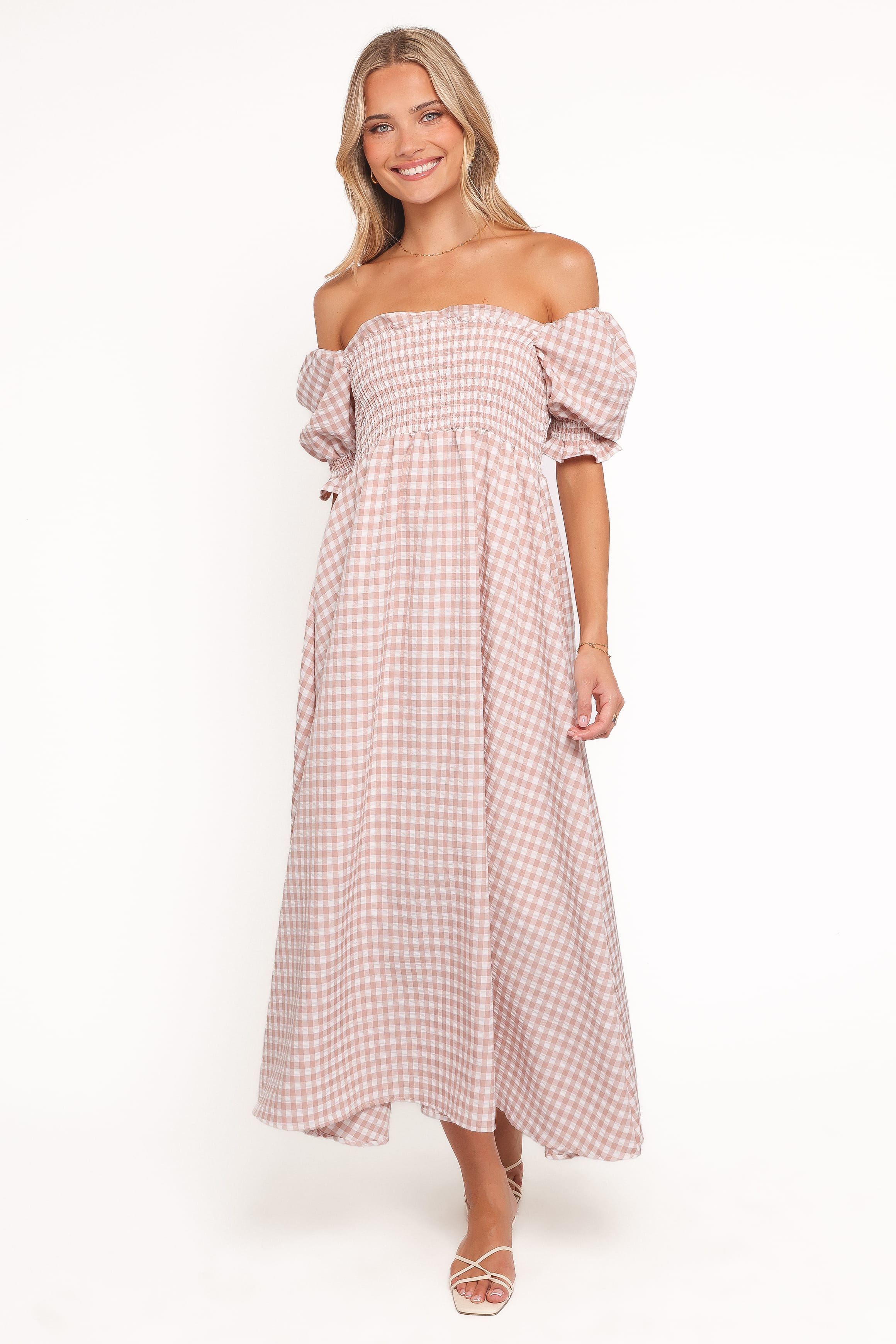 DRESSES Siun Short Sleeve Midi Dress - Brown Gingham