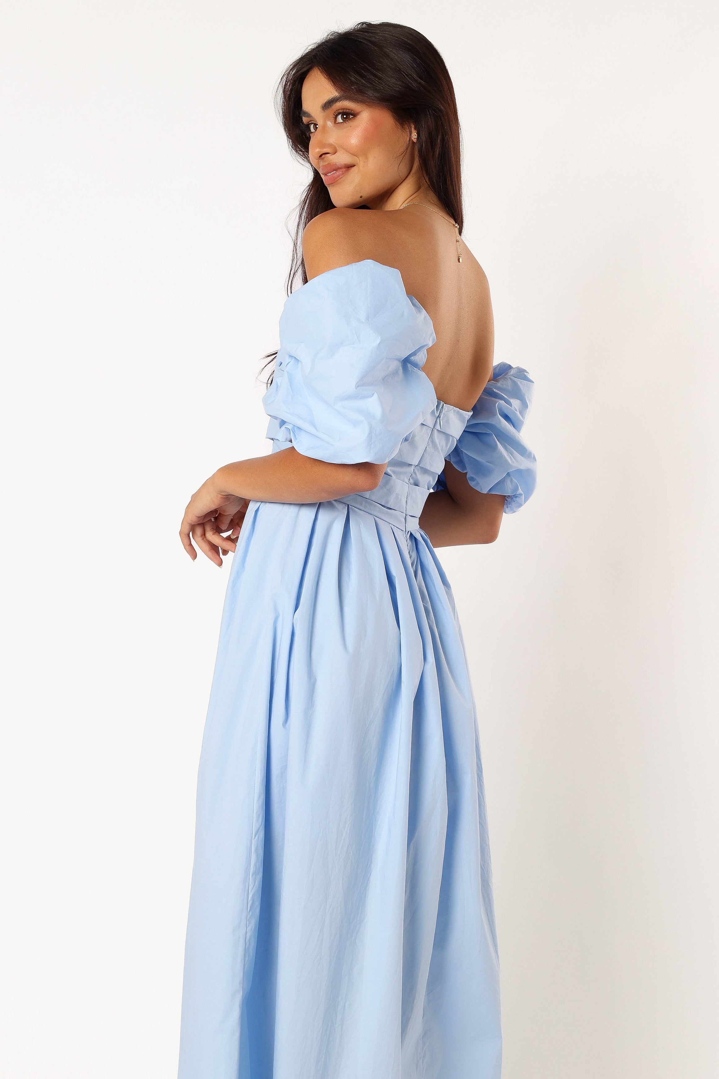 DRESSES @Solana Off Shoulder Midi Dress - Blue