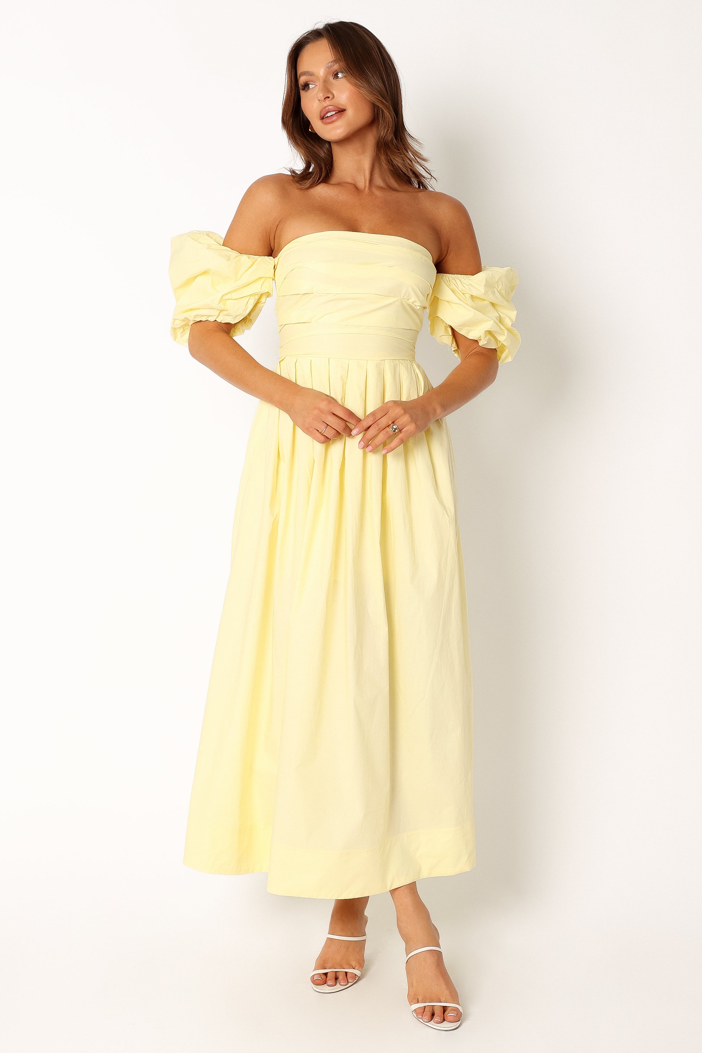 DRESSES @Solana Off Shoulder Midi Dress - Yellow