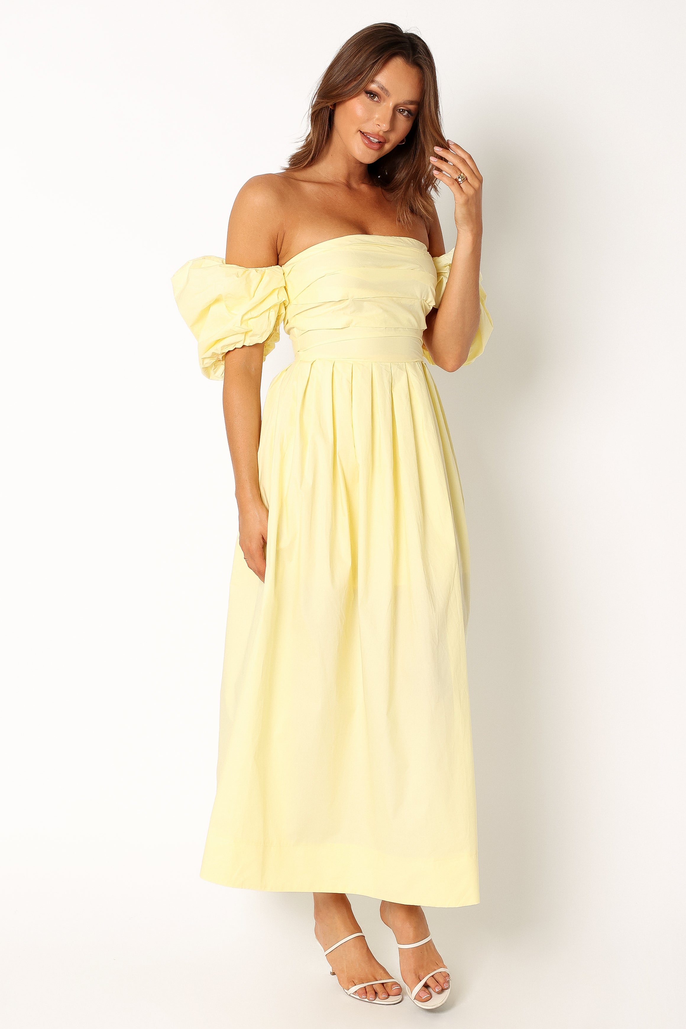 DRESSES @Solana Off Shoulder Midi Dress - Yellow