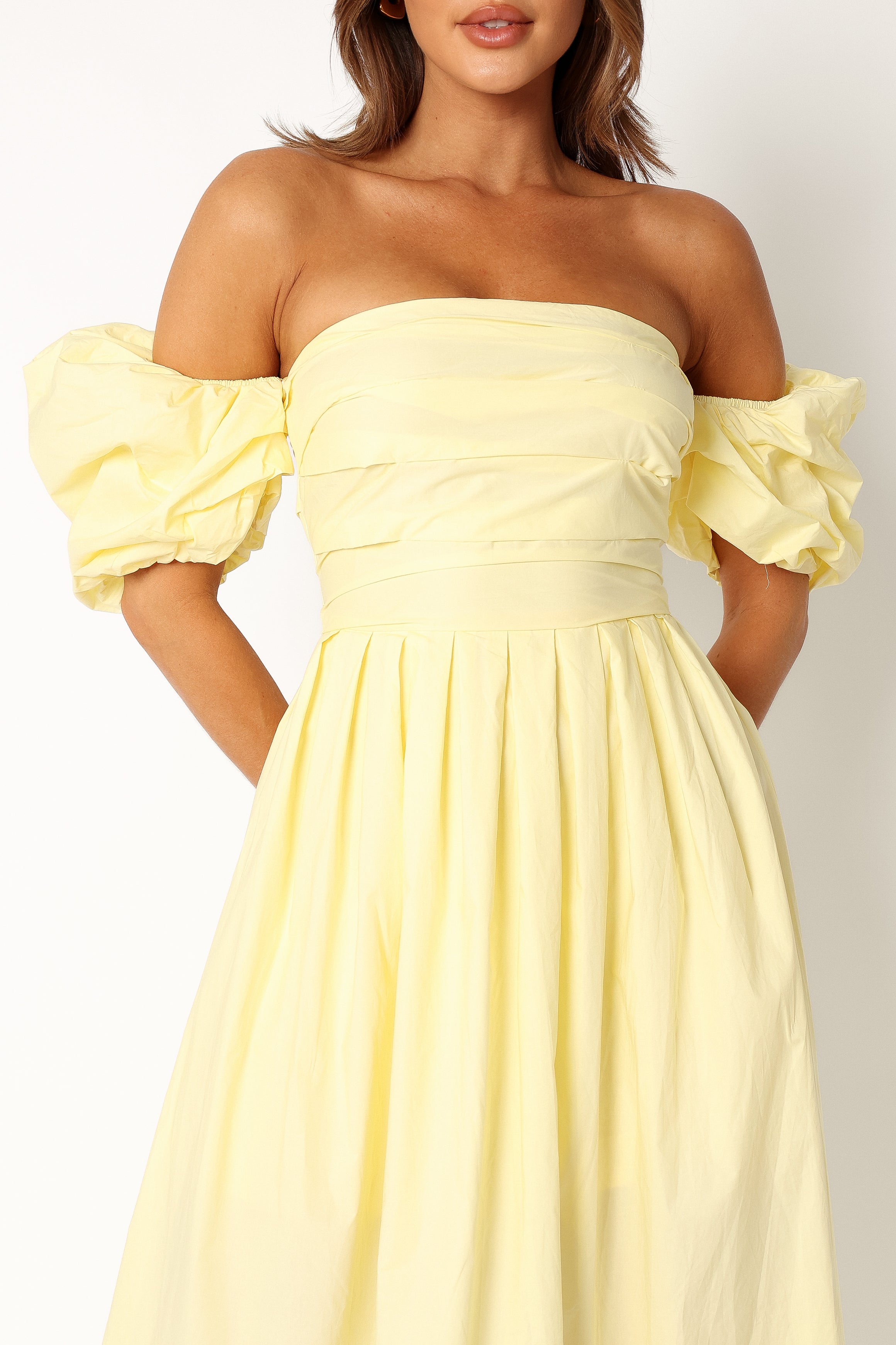 DRESSES @Solana Off Shoulder Midi Dress - Yellow