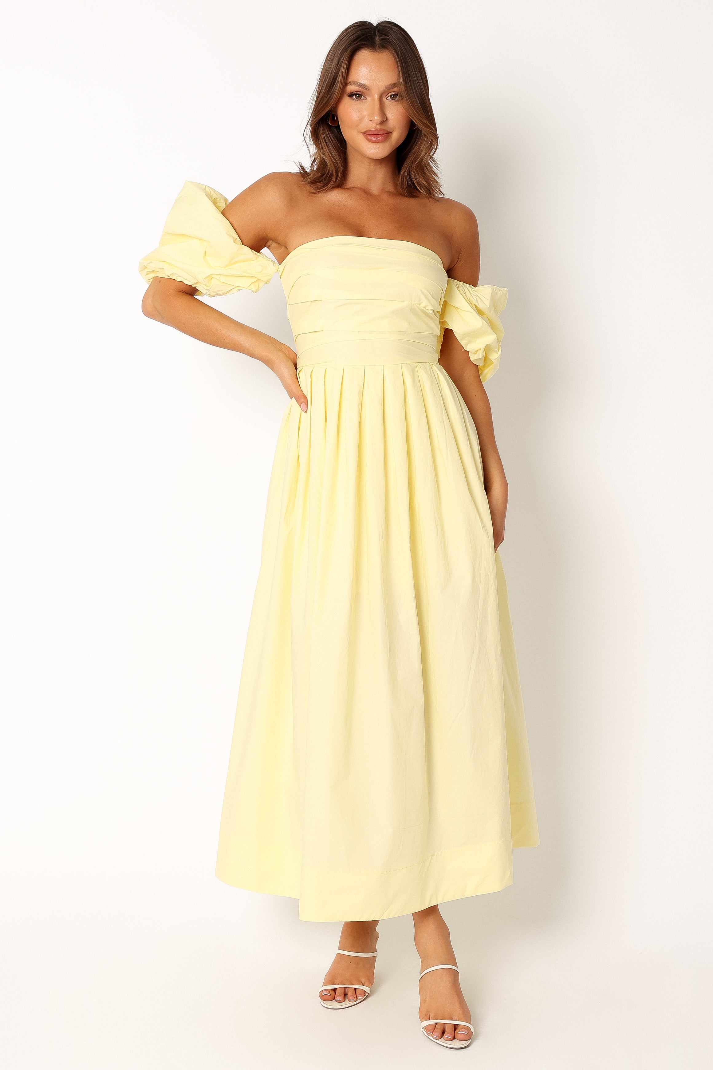 DRESSES @Solana Off Shoulder Midi Dress - Yellow