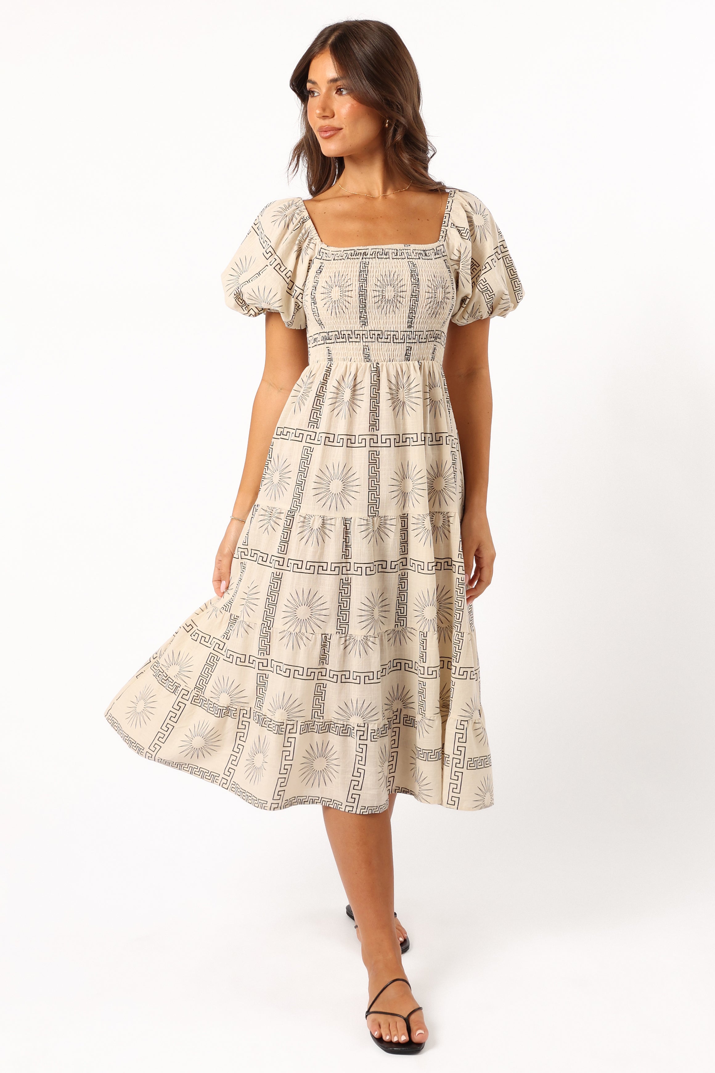 DRESSES @Soliel Puff Sleeve Midi Dress - Beige Black