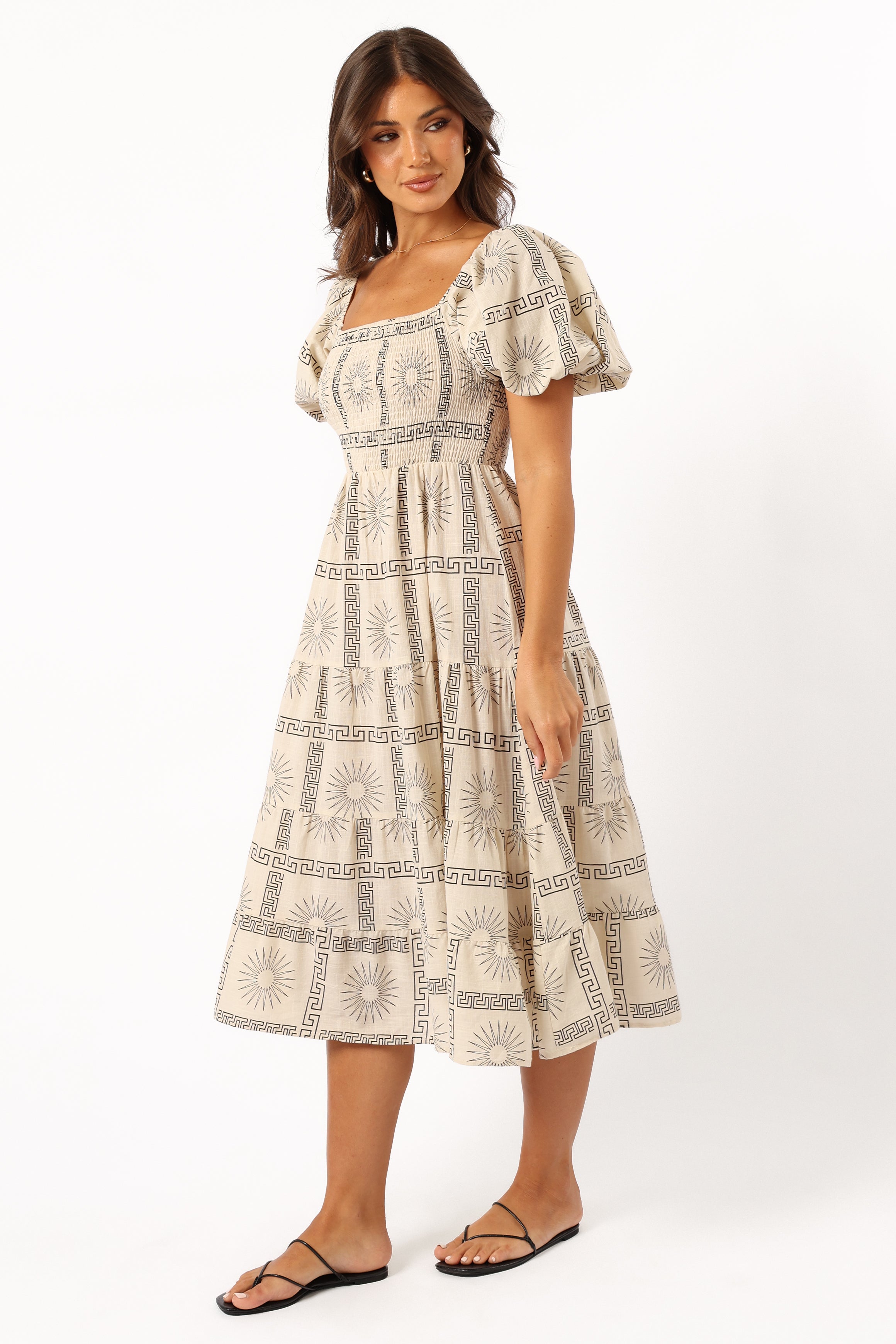 DRESSES @Soliel Puff Sleeve Midi Dress - Beige Black