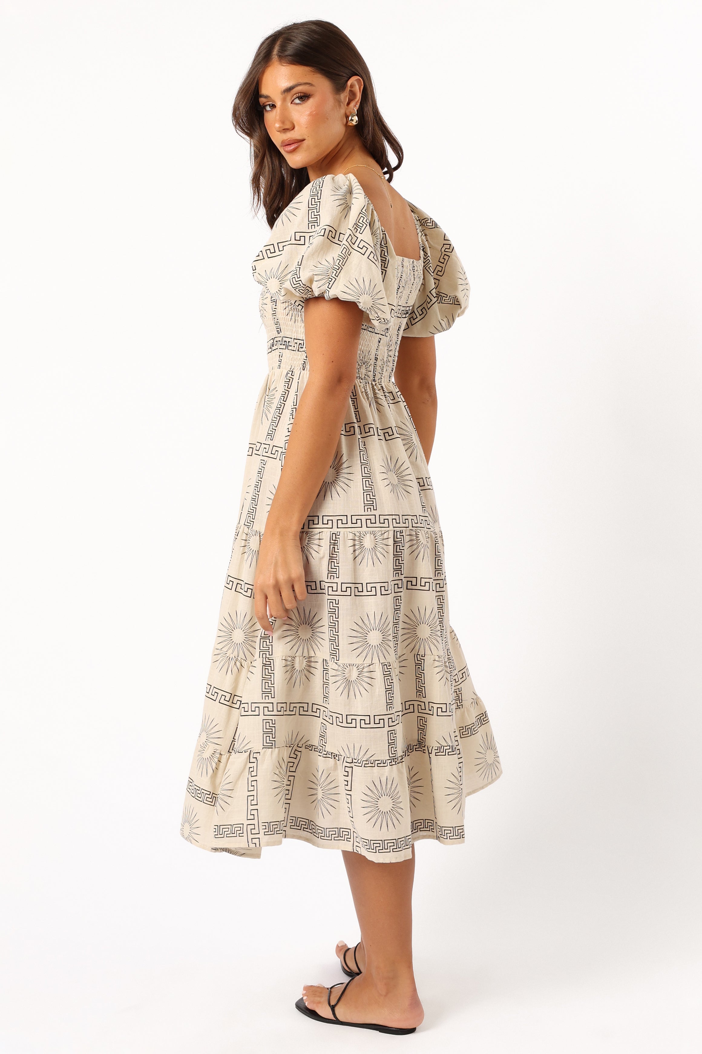 DRESSES @Soliel Puff Sleeve Midi Dress - Beige Black