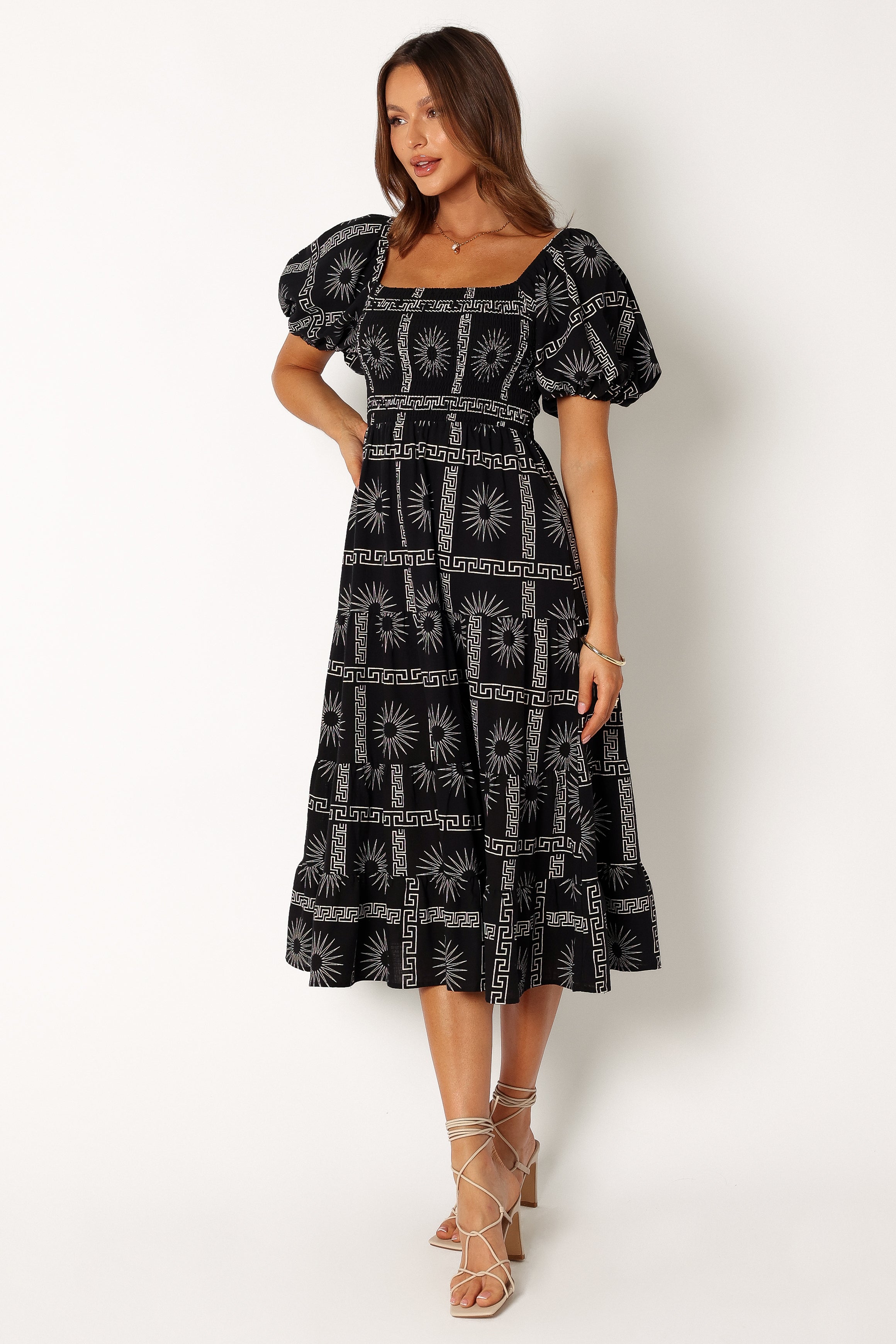 DRESSES @Soliel Puff Sleeve Midi Dress - Black Tan