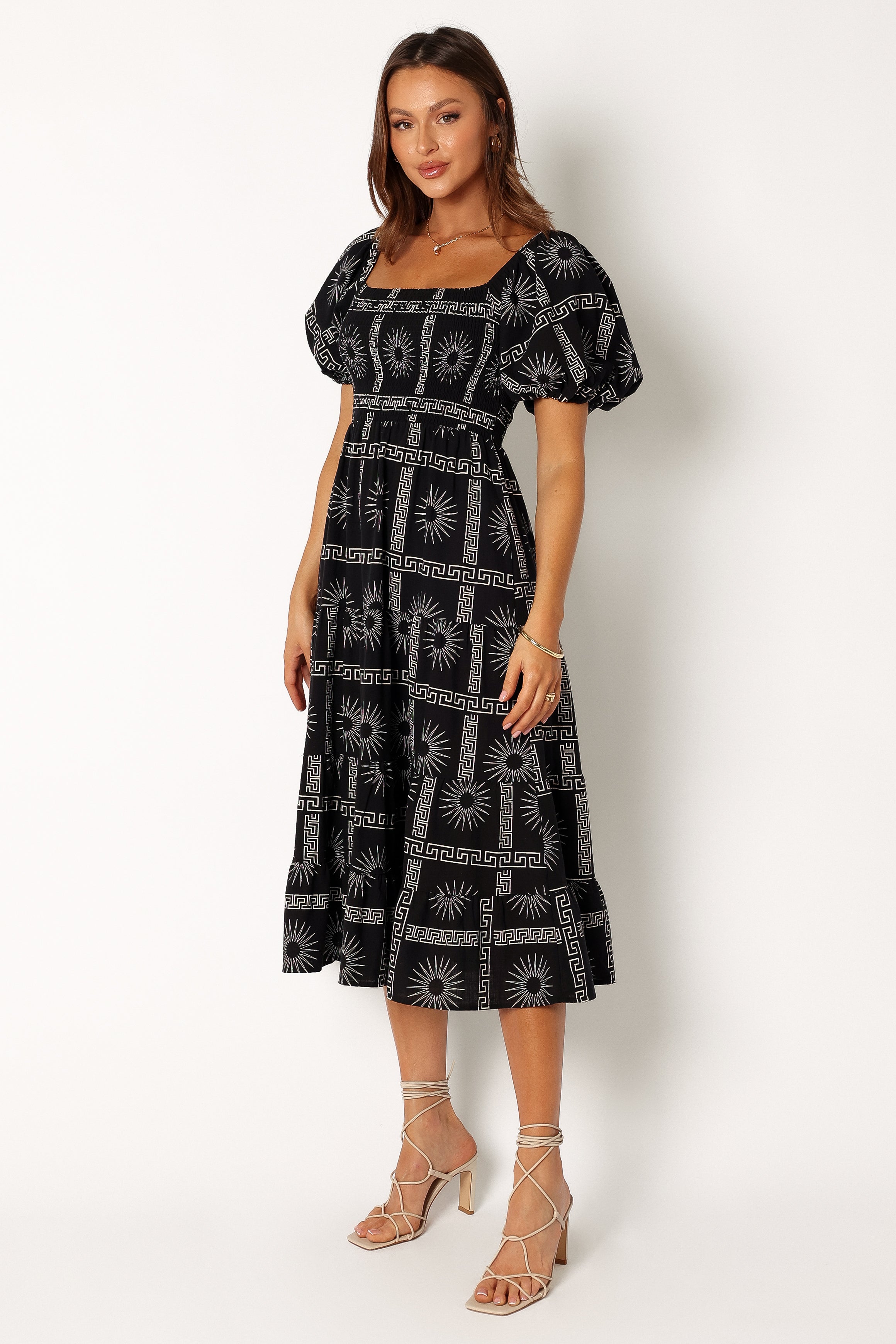 DRESSES @Soliel Puff Sleeve Midi Dress - Black Tan