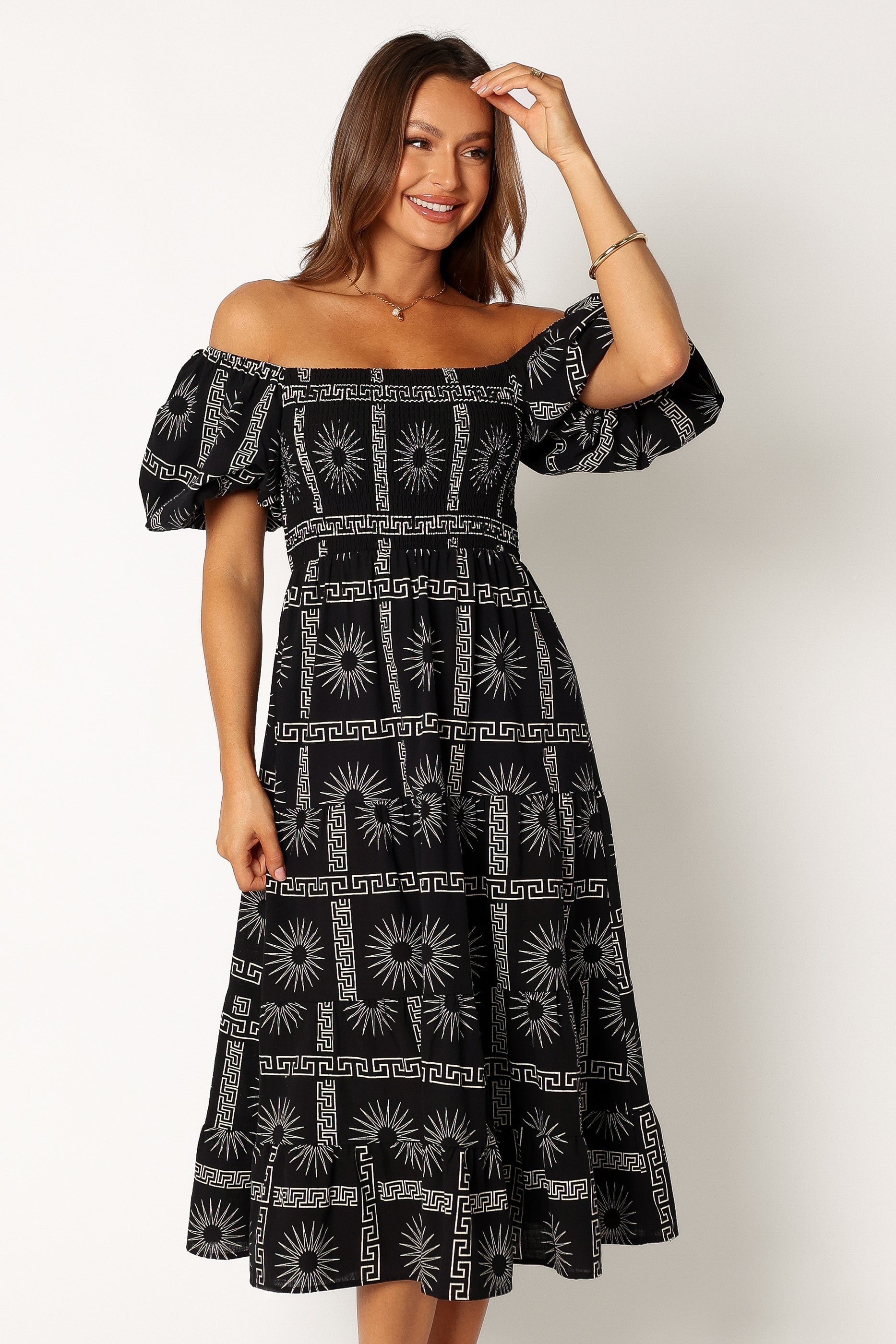 DRESSES @Soliel Puff Sleeve Midi Dress - Black Tan