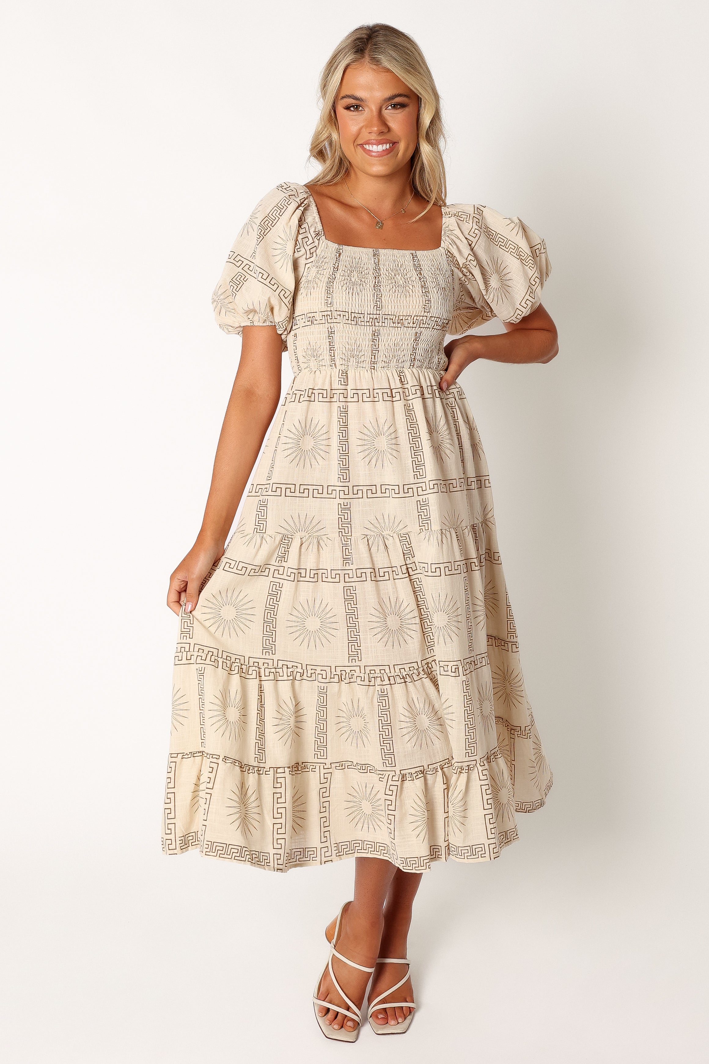DRESSES @Soliel Puff Sleeve Midi Dress - White Tan
