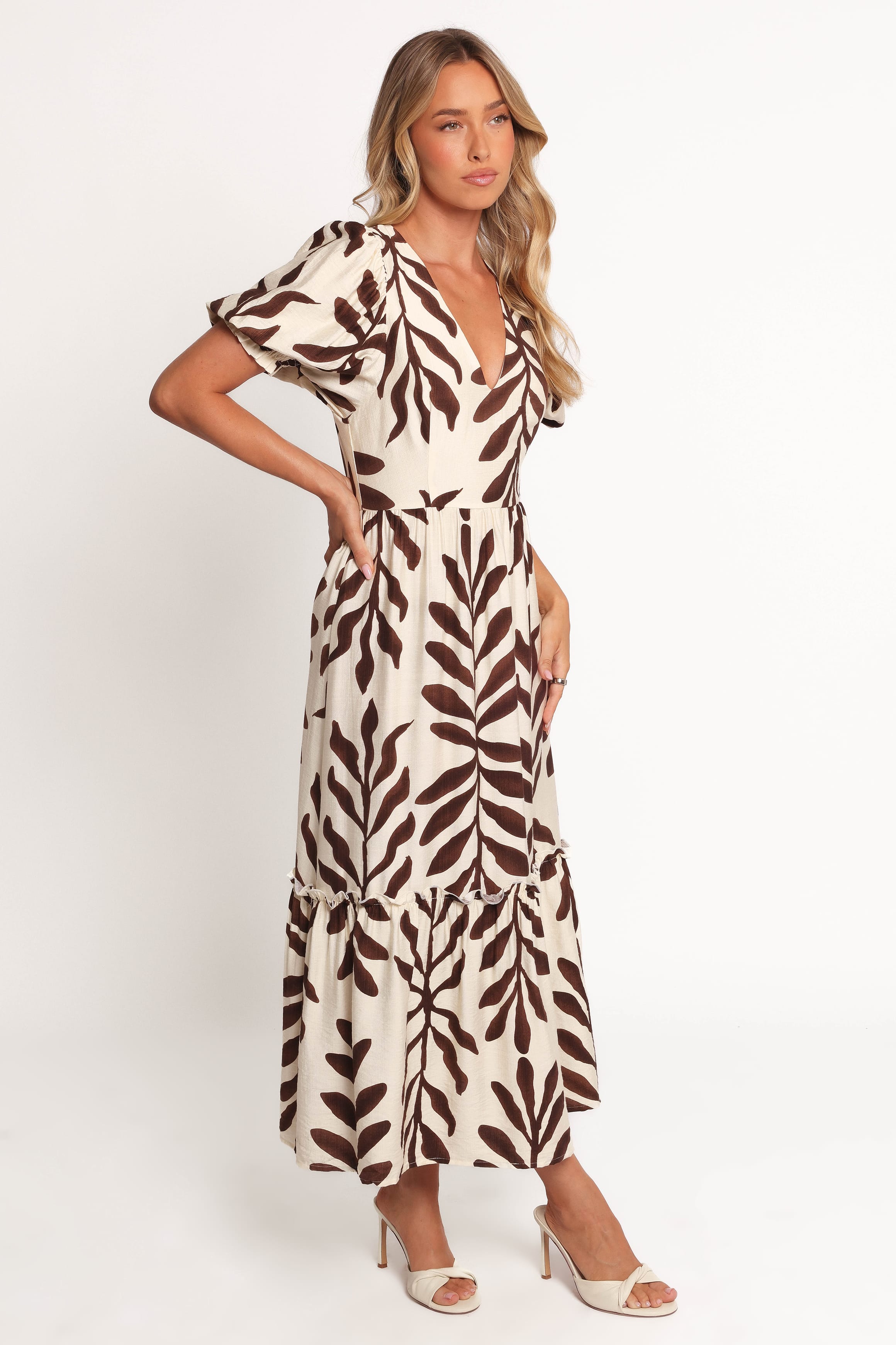DRESSES Steele Puff Sleeve Midi Dress - Brown Palm