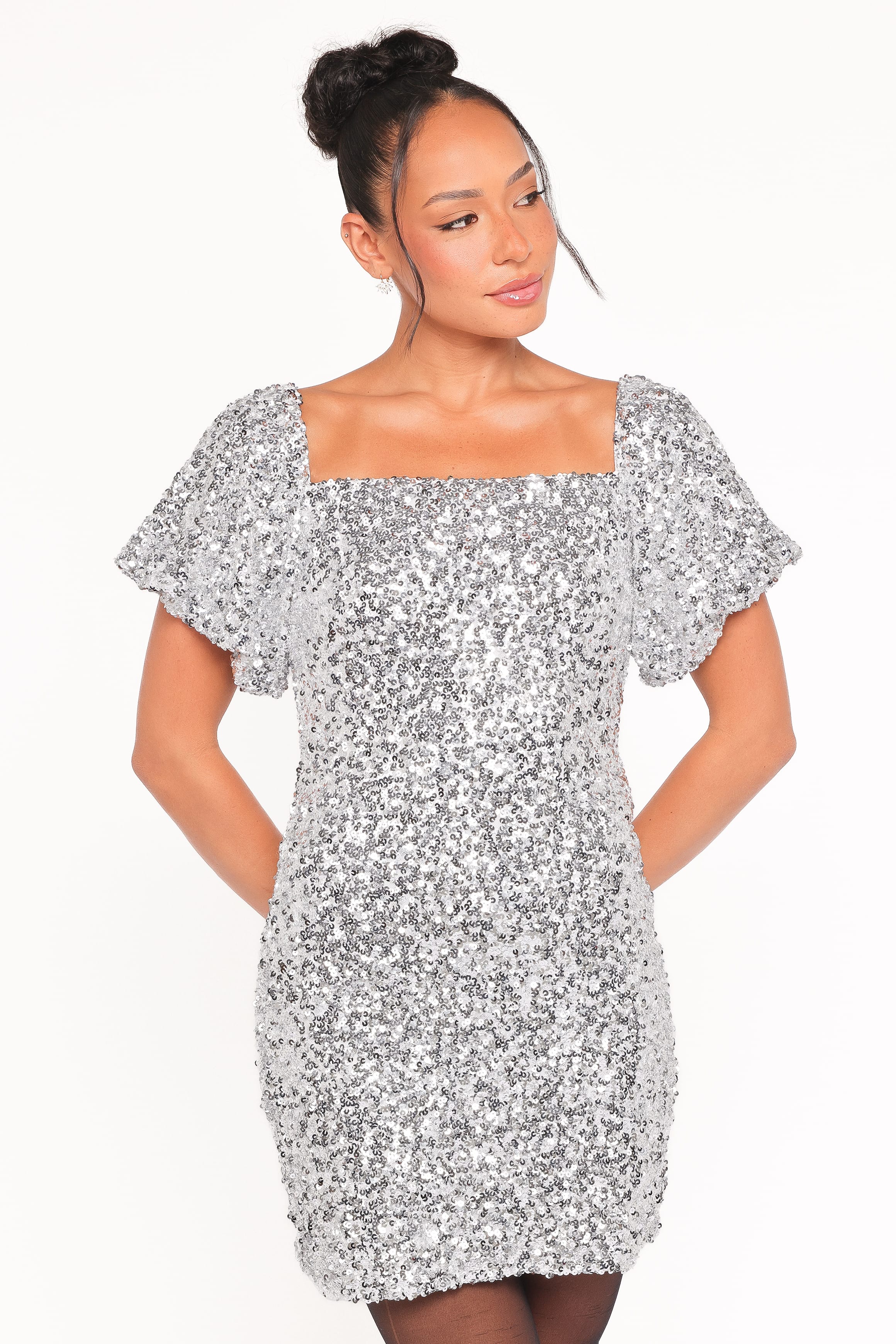 DRESSES Tory Off Shoulder Sequin Mini Dress - Silver