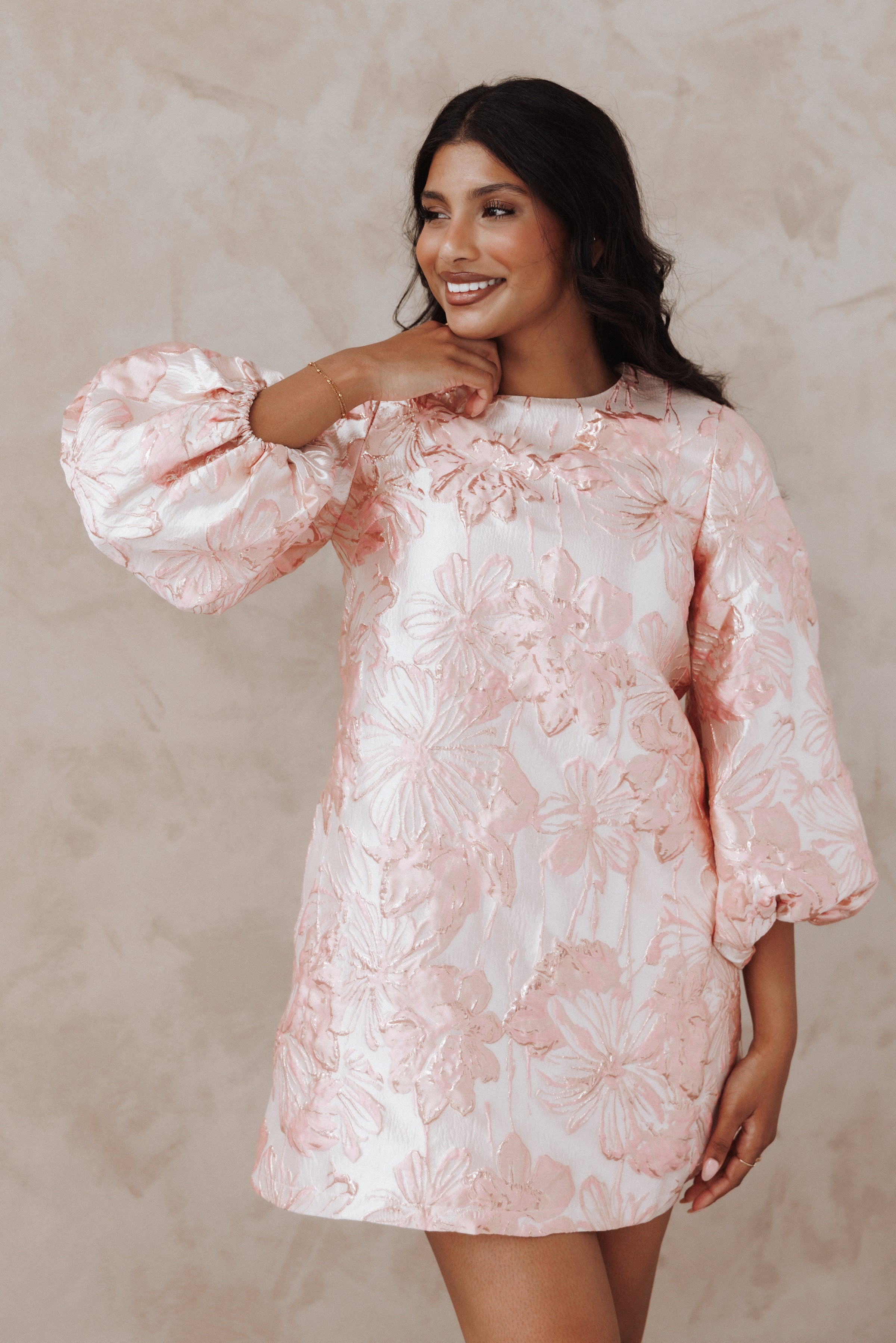 DRESSES Treloar Long Sleeve Mini Dress - Pink Brocade