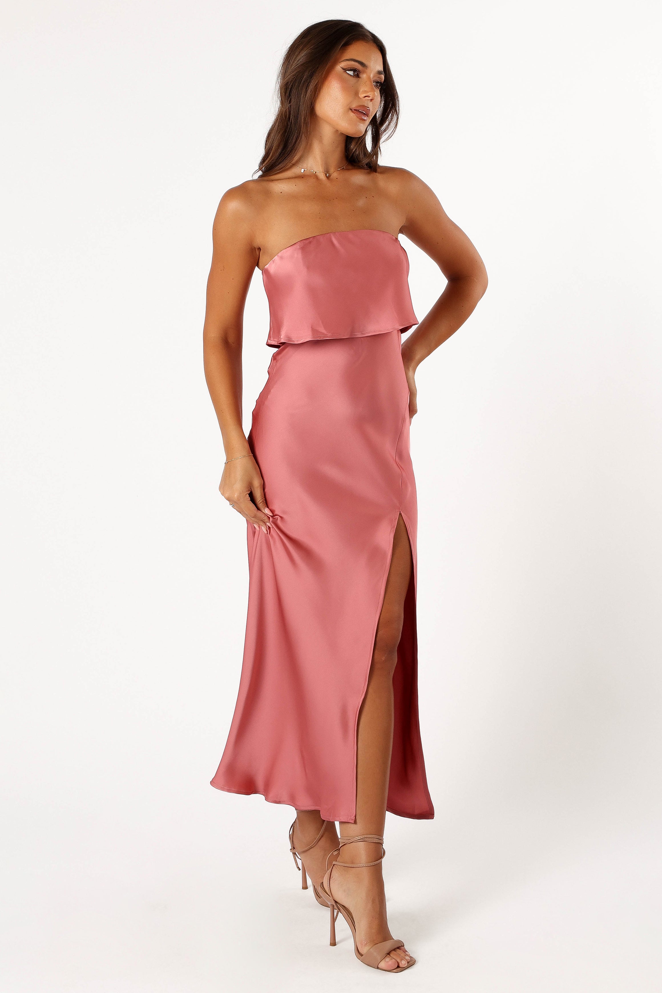 DRESSES @Vienna Strapless Midi Dress - Dusty Rose