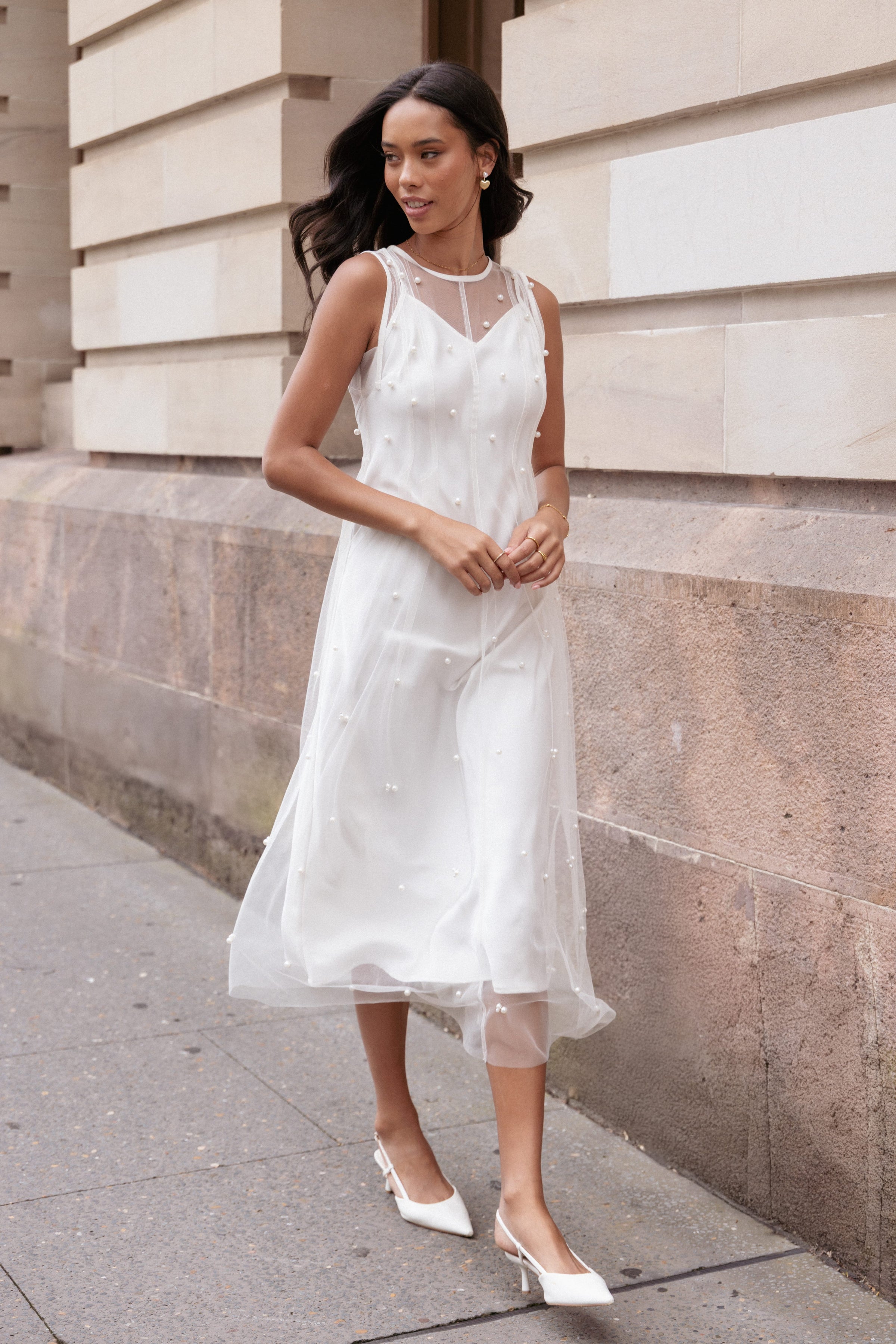 DRESSES Yulia Pearl Midi Dress - Ecru