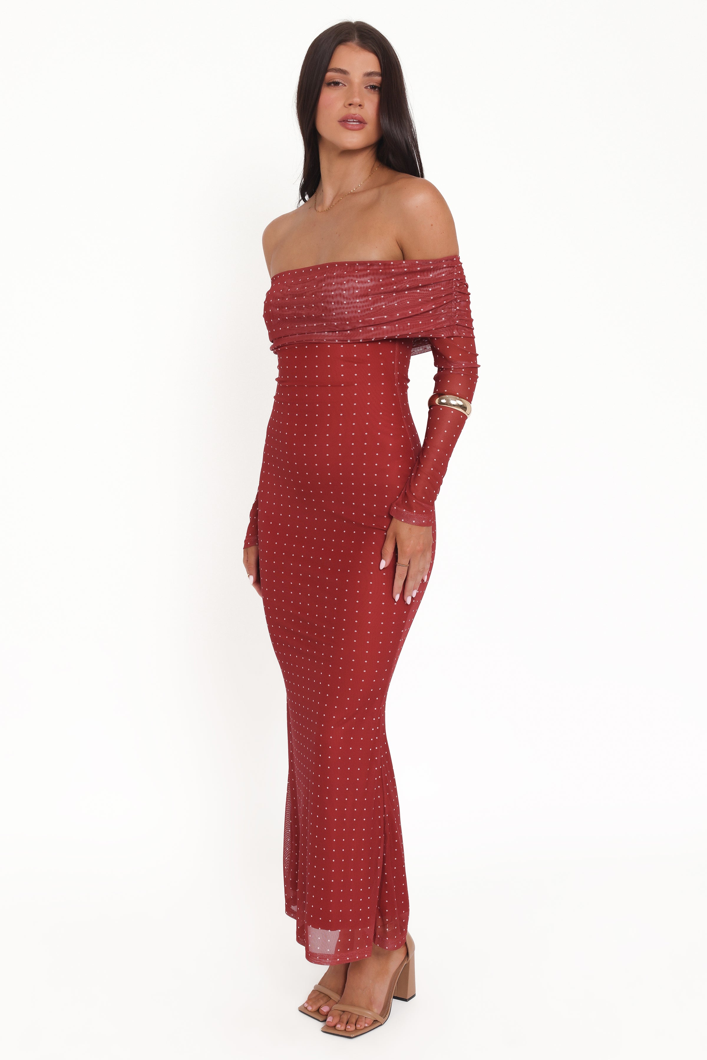 DRESSES @Zeva Off Shoulder Maxi Dress - Burgundy Spot