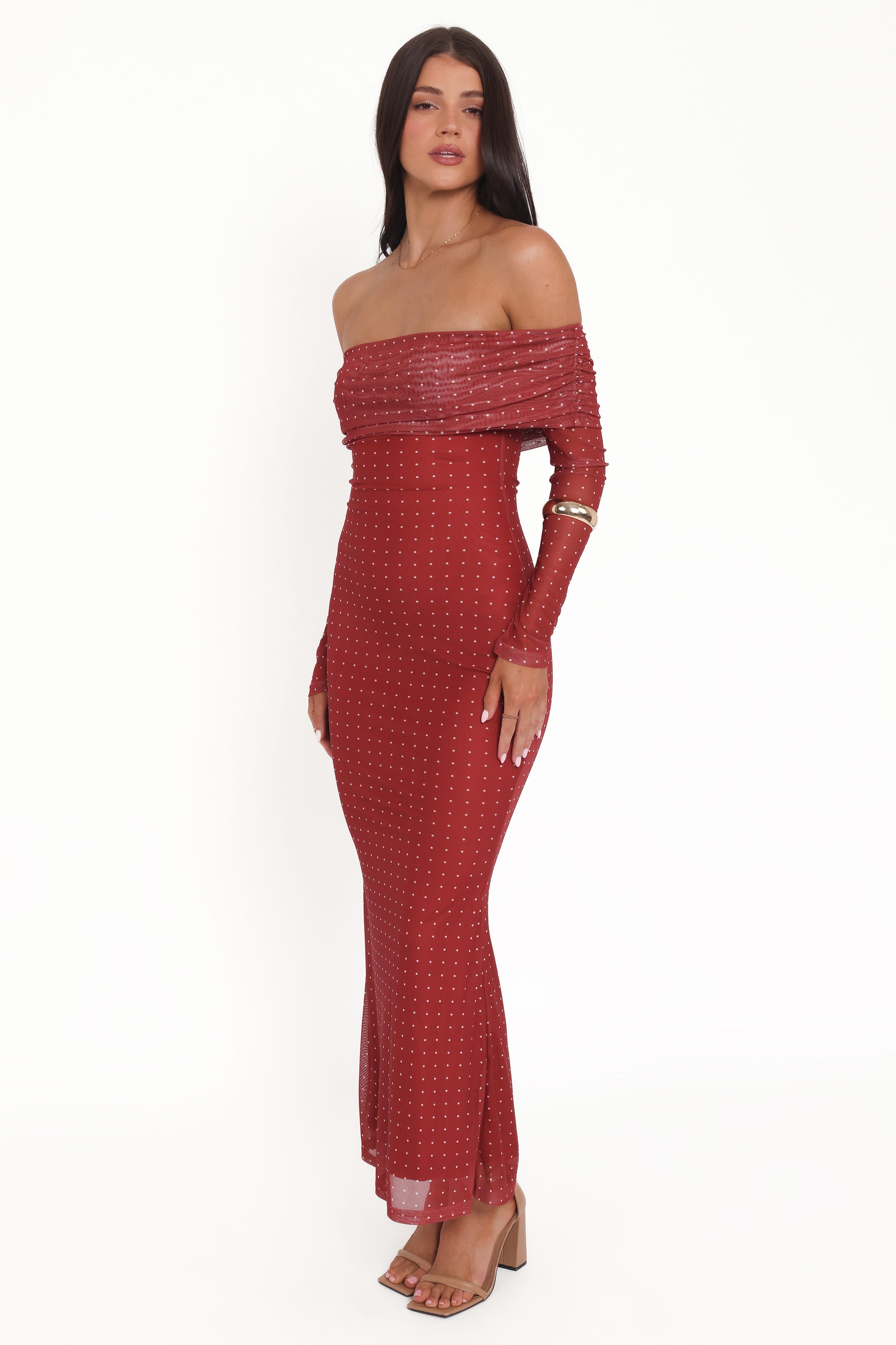 DRESSES @Zeva Off Shoulder Maxi Dress - Burgundy Spot
