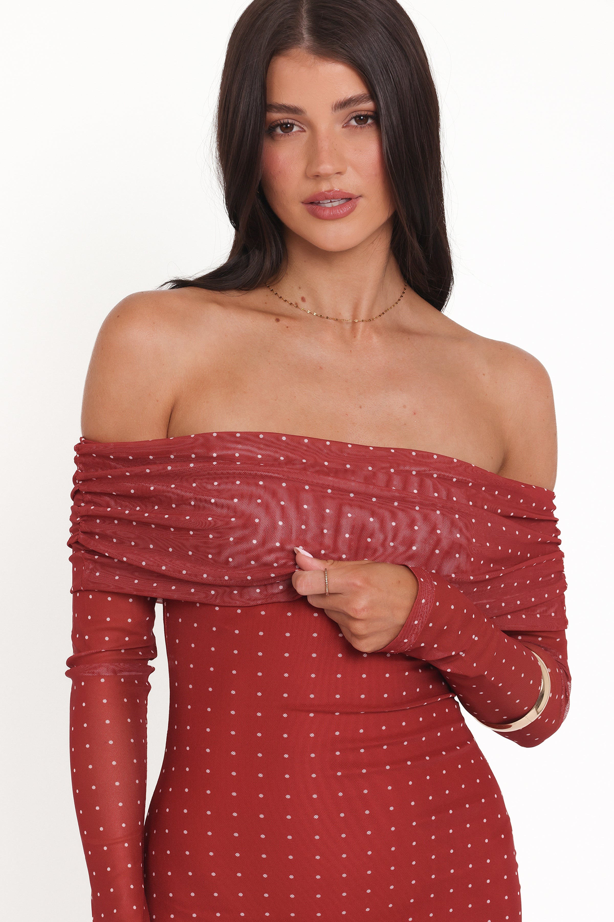 DRESSES @Zeva Off Shoulder Maxi Dress - Burgundy Spot
