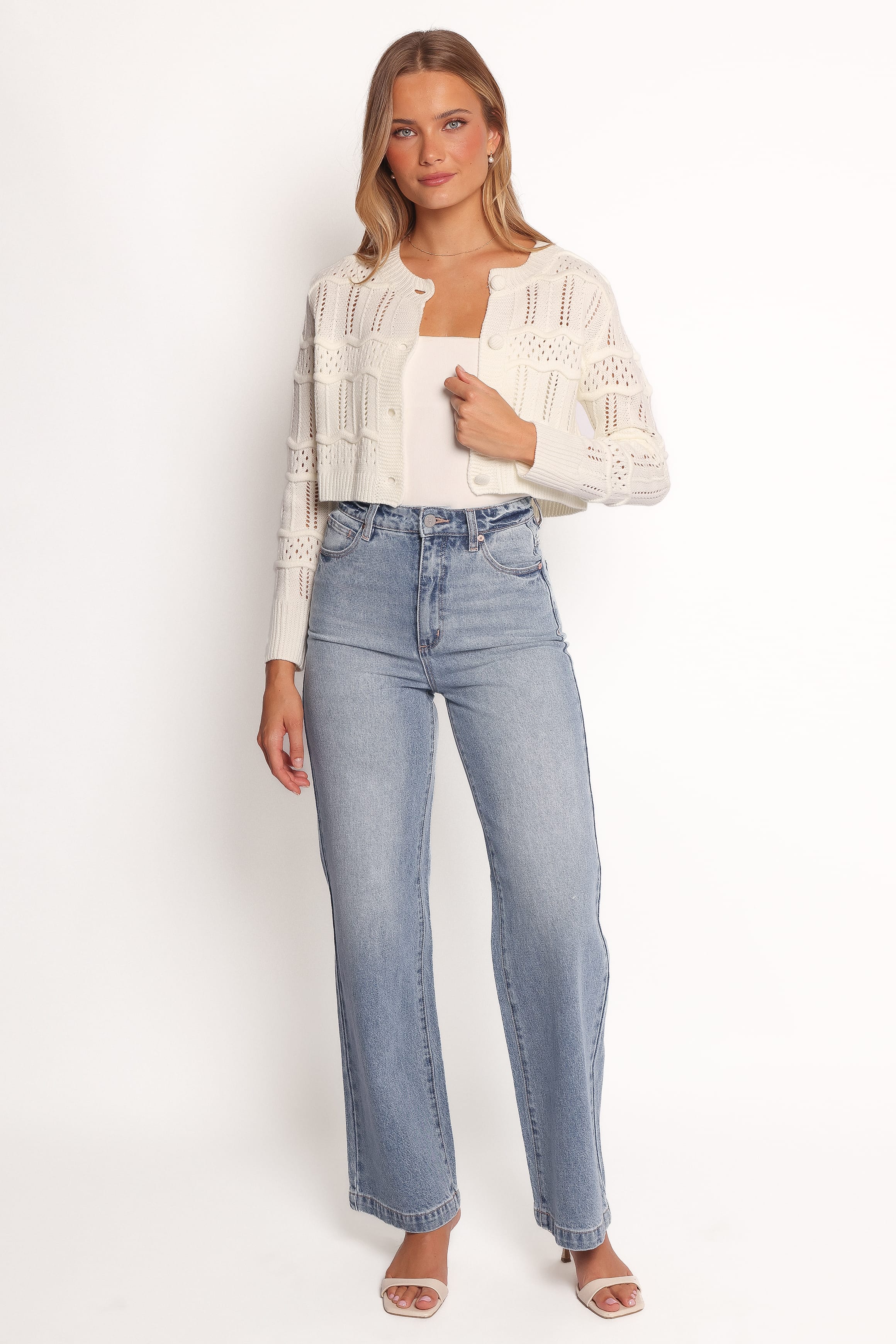 KNITWEAR Aidy Crop Button Front Cardigan - White