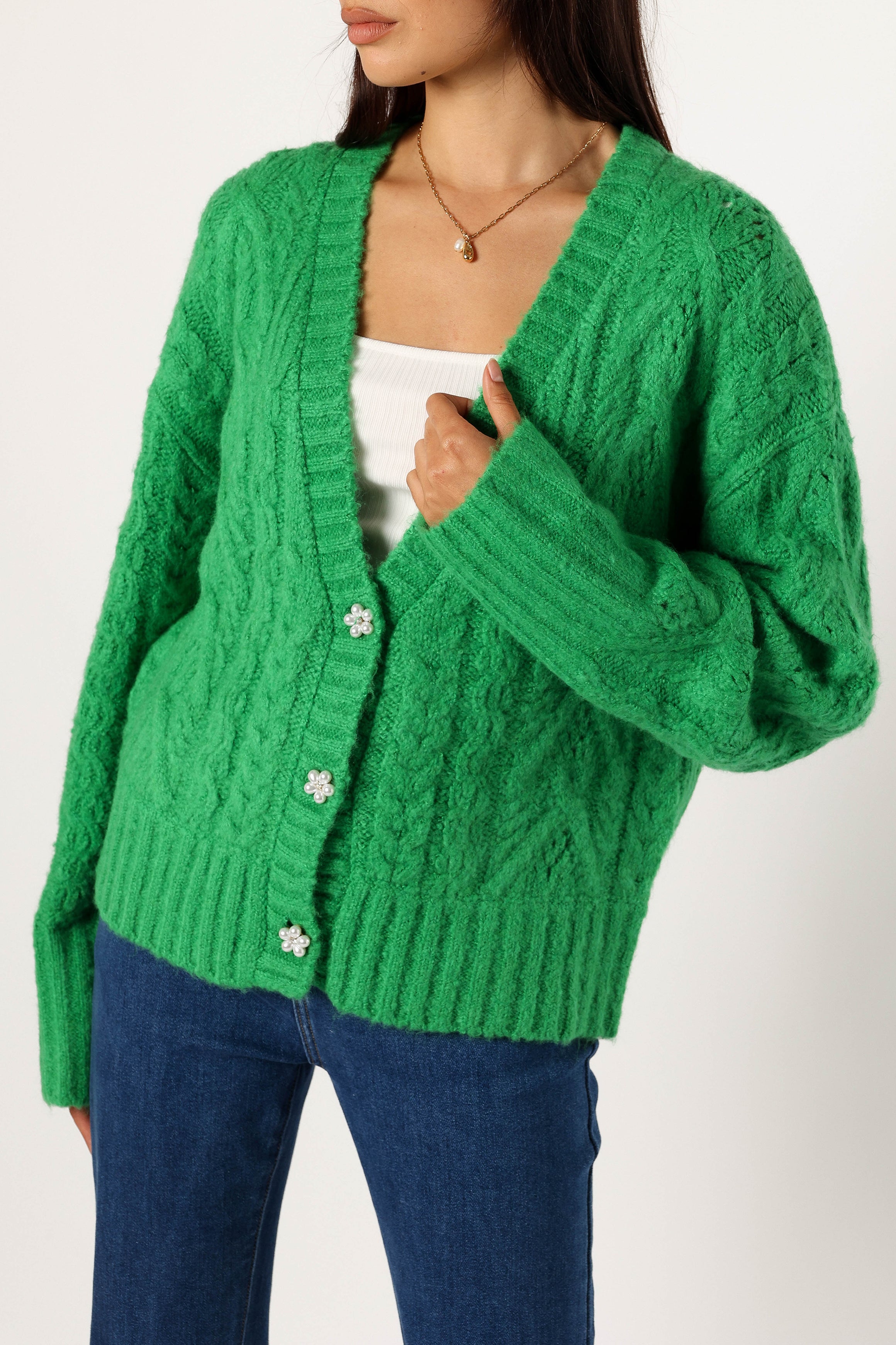 KNITWEAR @Alessandra Crystal Button Cardigan - Spearmint
