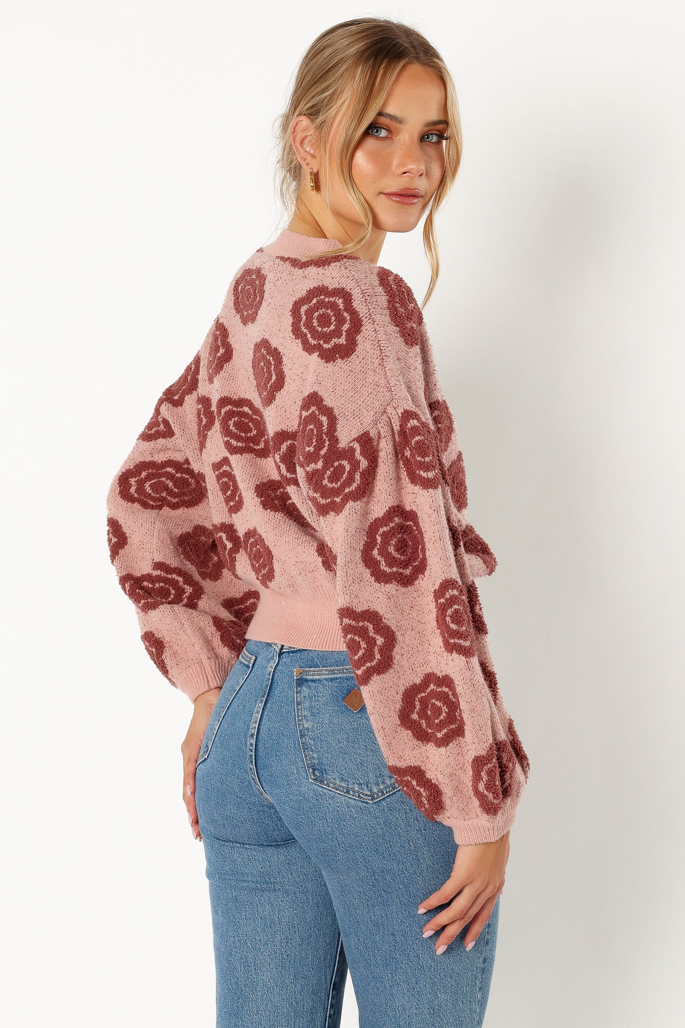 KNITWEAR @Amara Crewneck Rose Detail Knit Sweater - Mauve