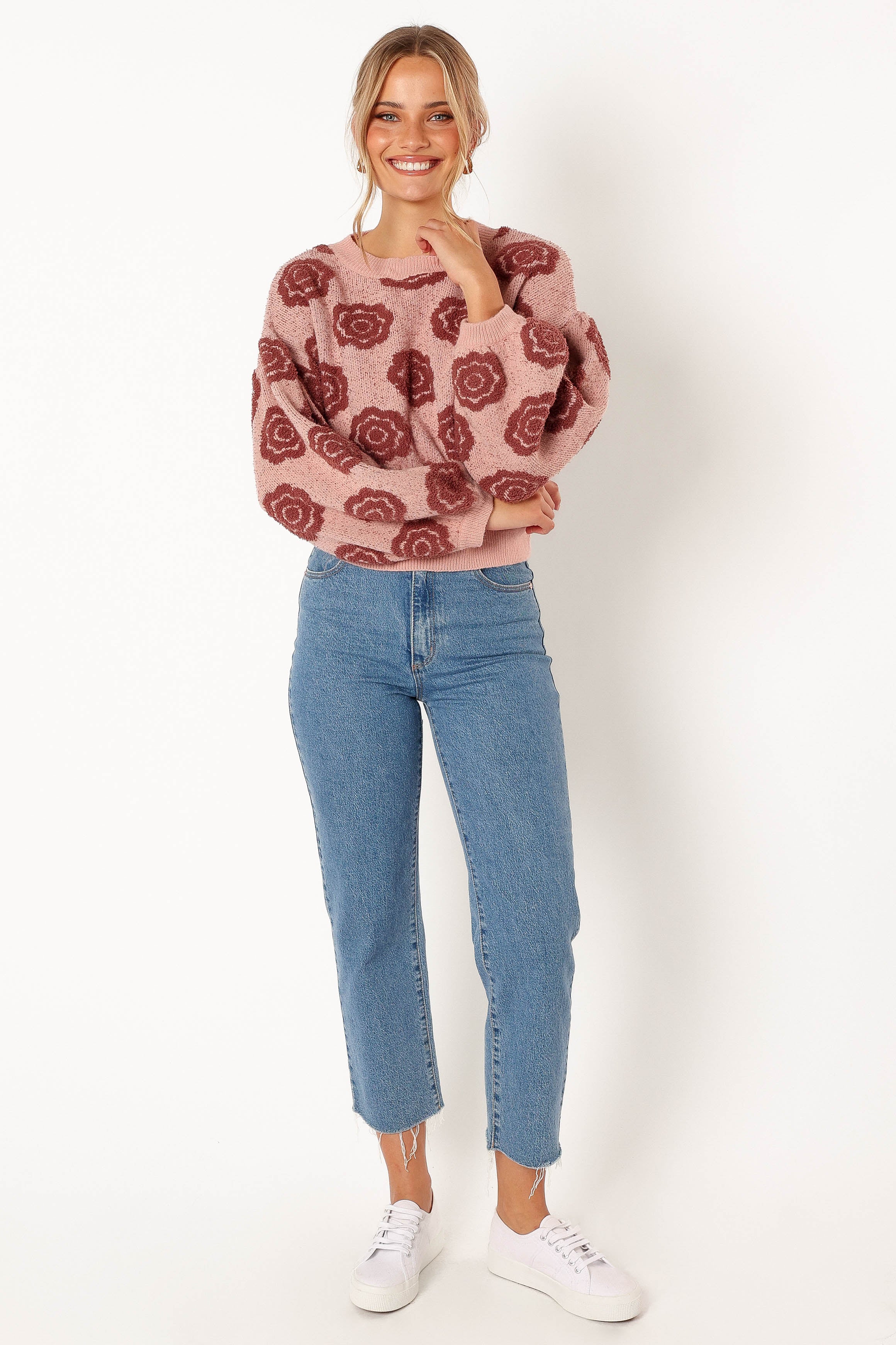 KNITWEAR @Amara Crewneck Rose Detail Knit Sweater - Mauve