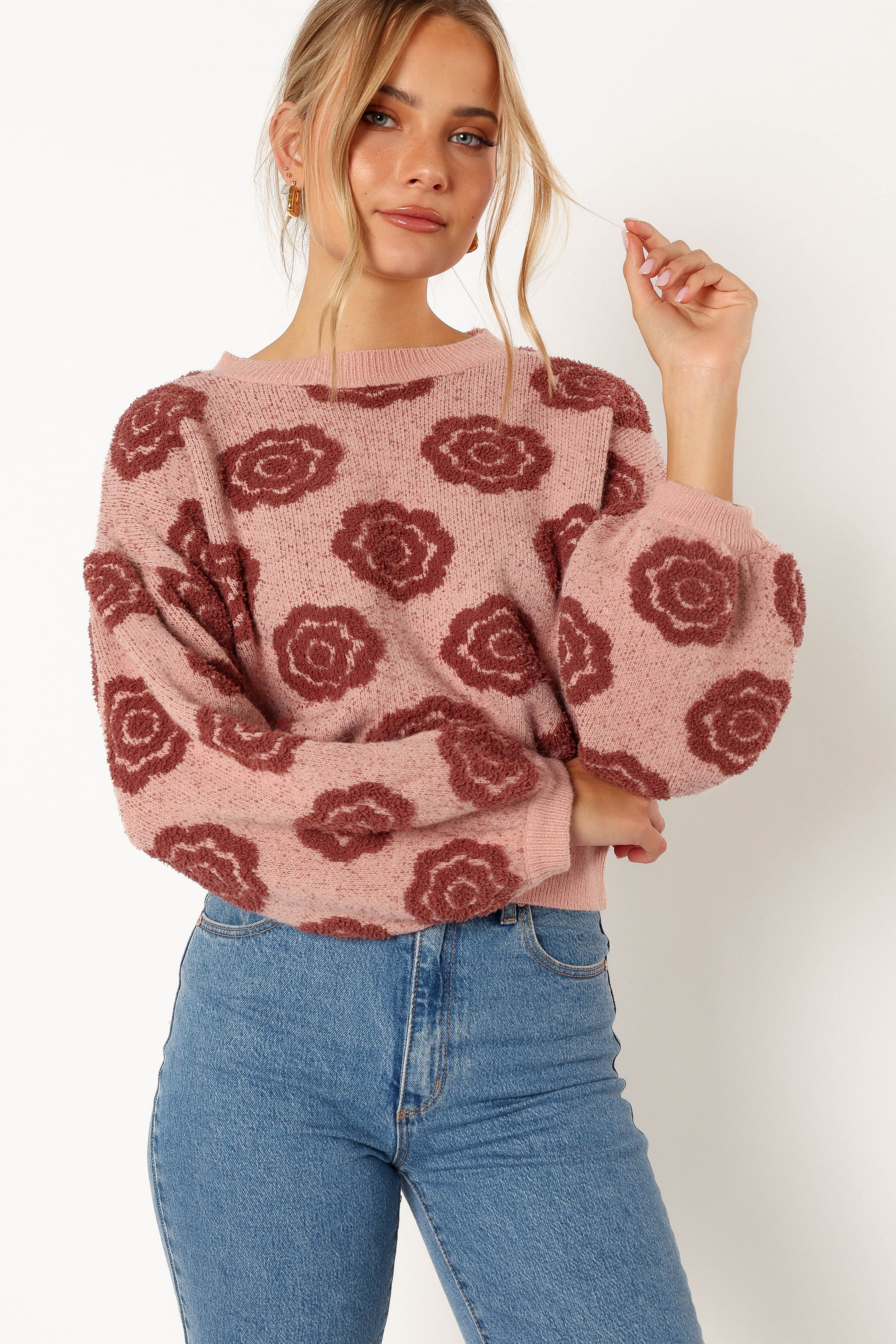 KNITWEAR @Amara Crewneck Rose Detail Knit Sweater - Mauve