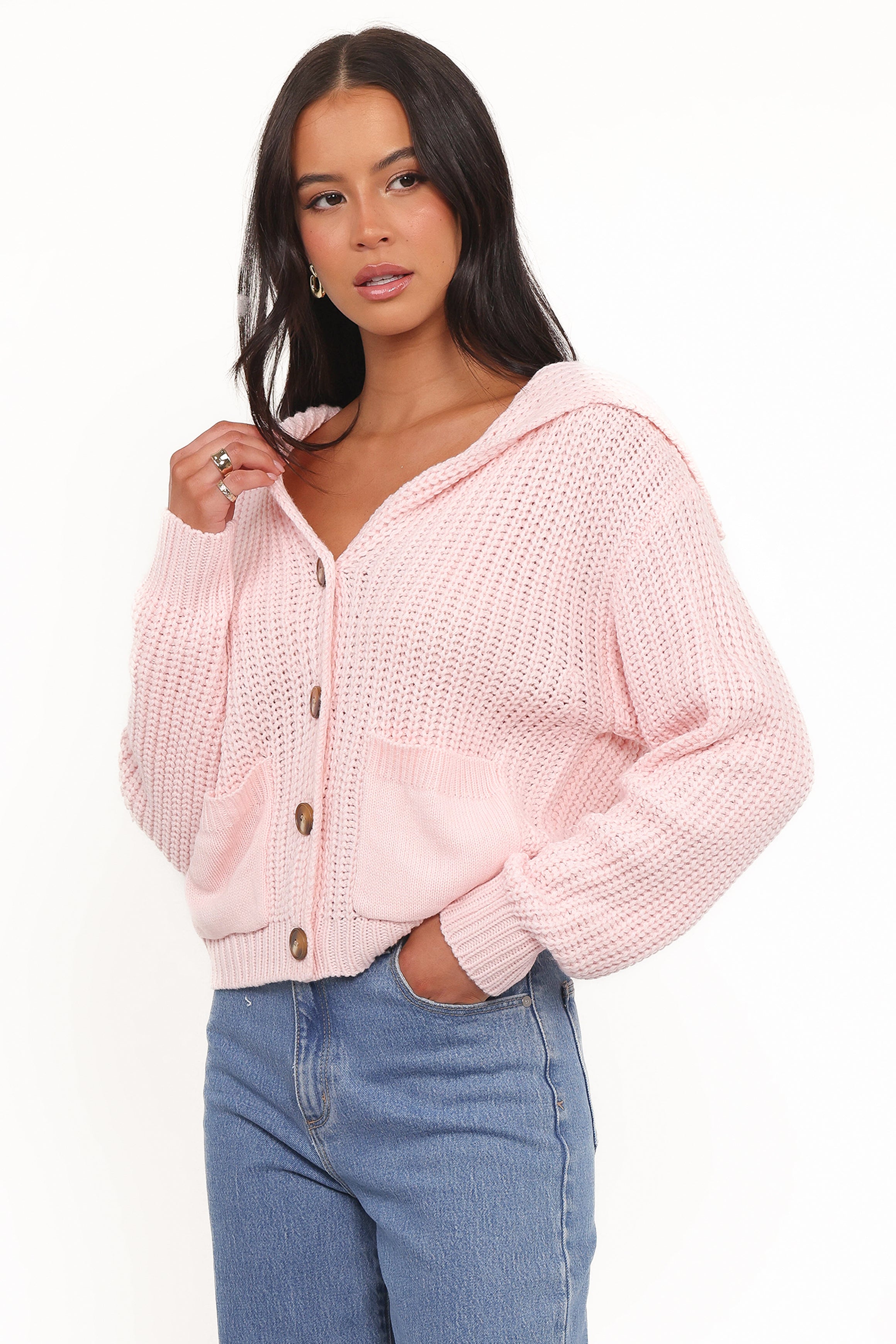 KNITWEAR Amelia Oversize Collar Button Cardigan - Pink
