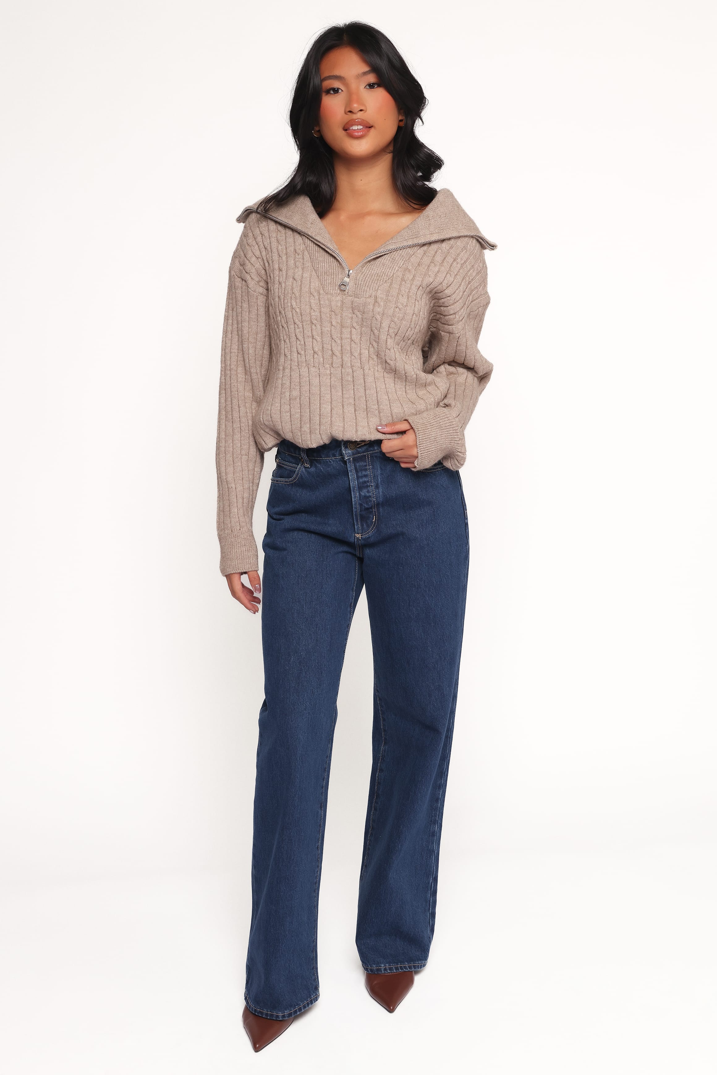 KNITWEAR Anais Quarter Zip Knit Sweater - Beige