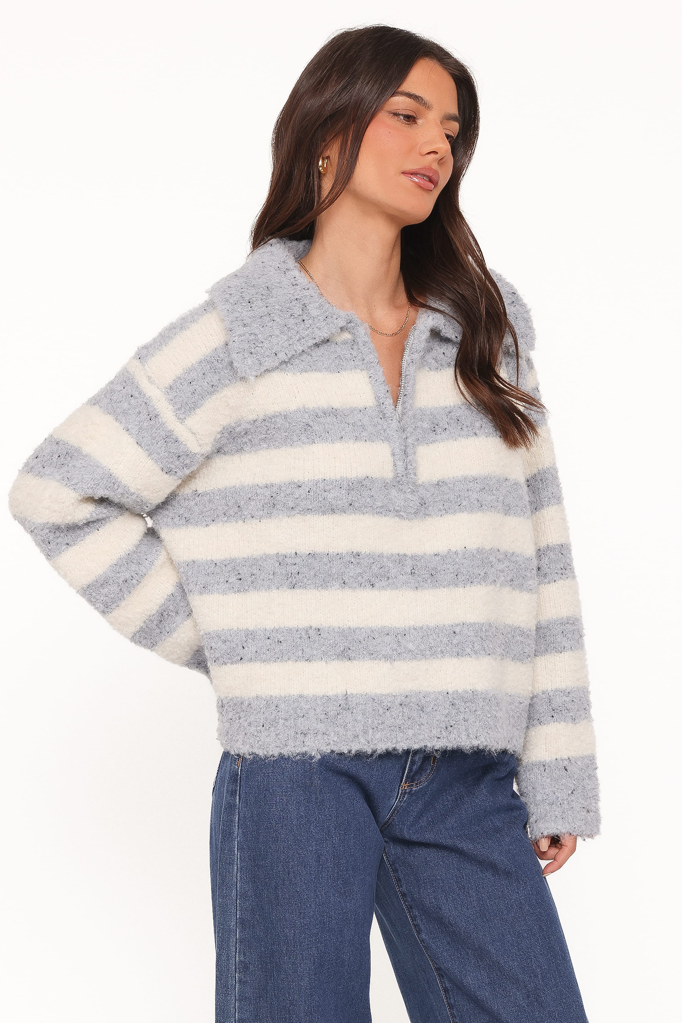 KNITWEAR Angelica 1/4 Zip Sweater - Denim Blue Stripe