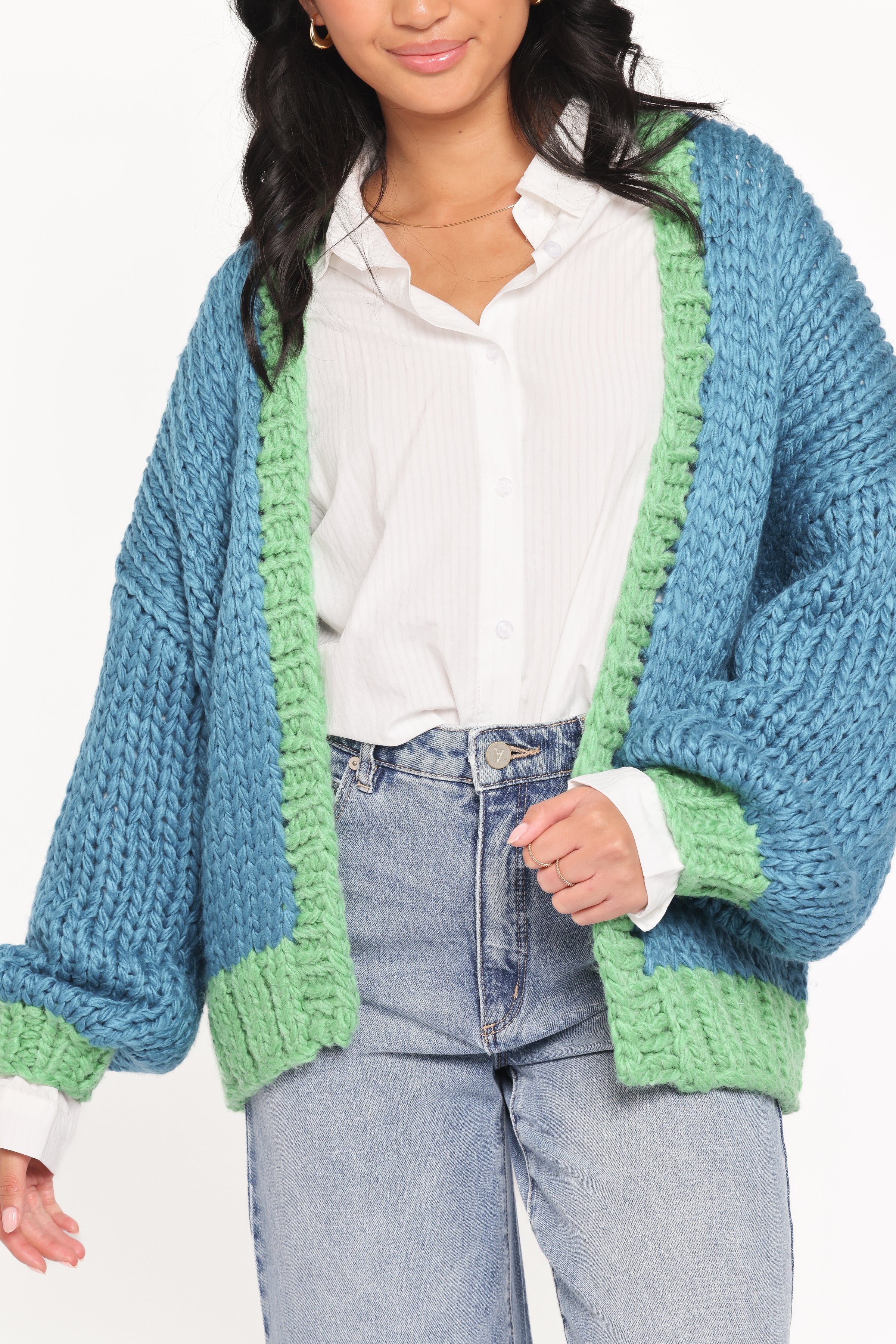 KNITWEAR Anige Contrast Trim Cardigan - Blue/Green