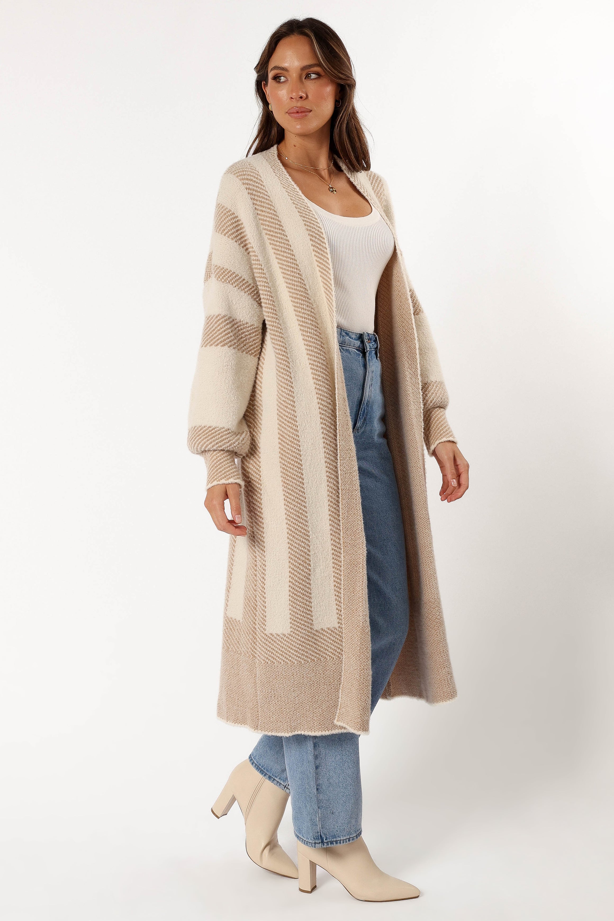 KNITWEAR @Anita Stripe Long Cardigan - Beige