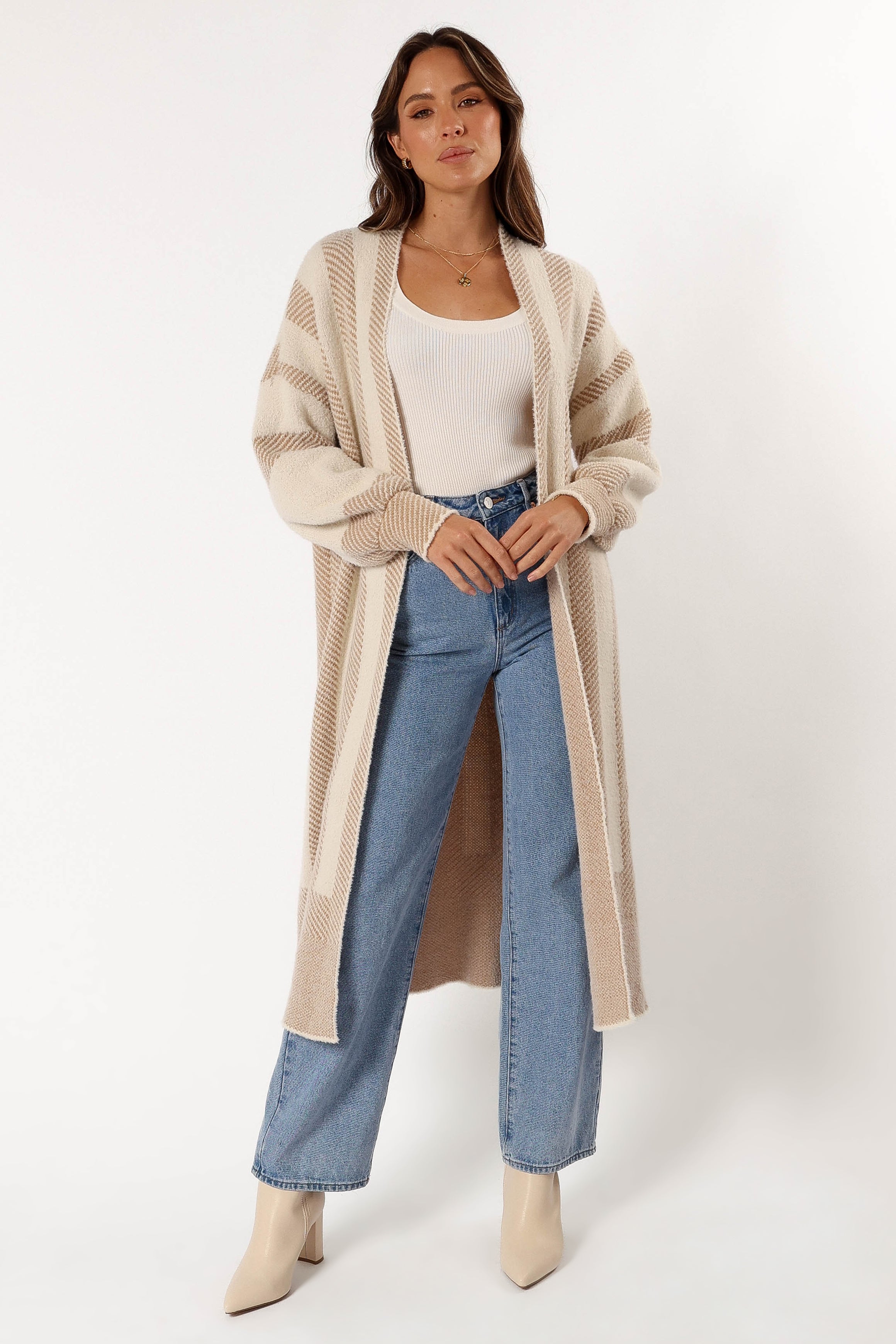 KNITWEAR @Anita Stripe Long Cardigan - Beige