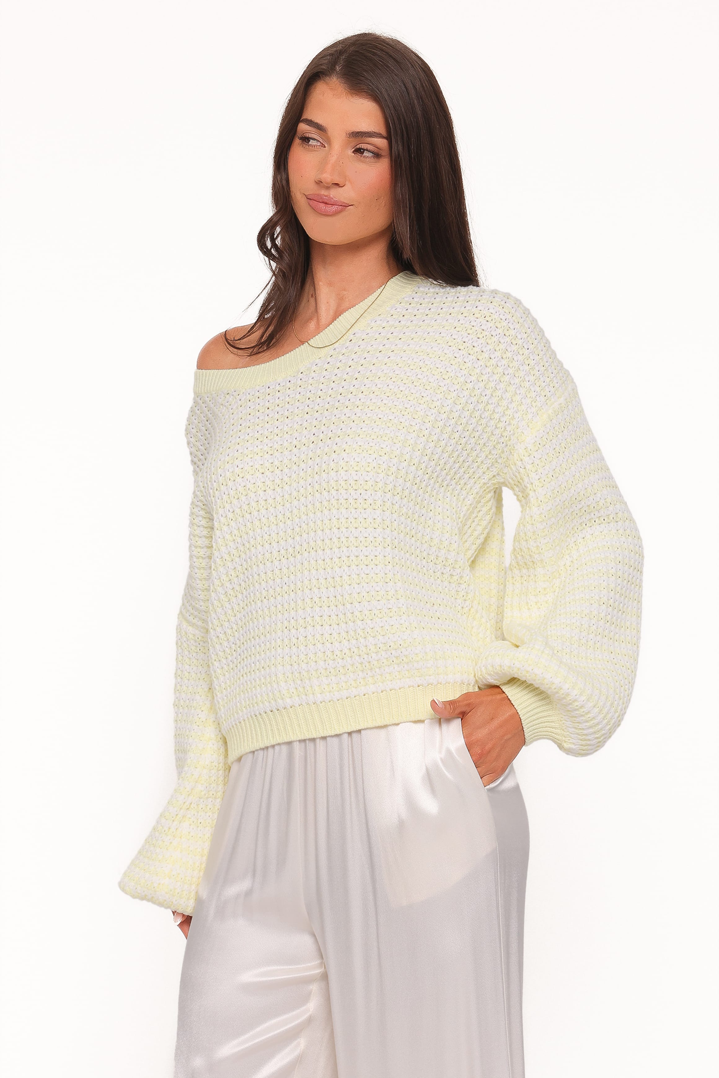 KNITWEAR Becca Crewneck Waffle Stitch Stripe Knit Sweater - Butter Yellow