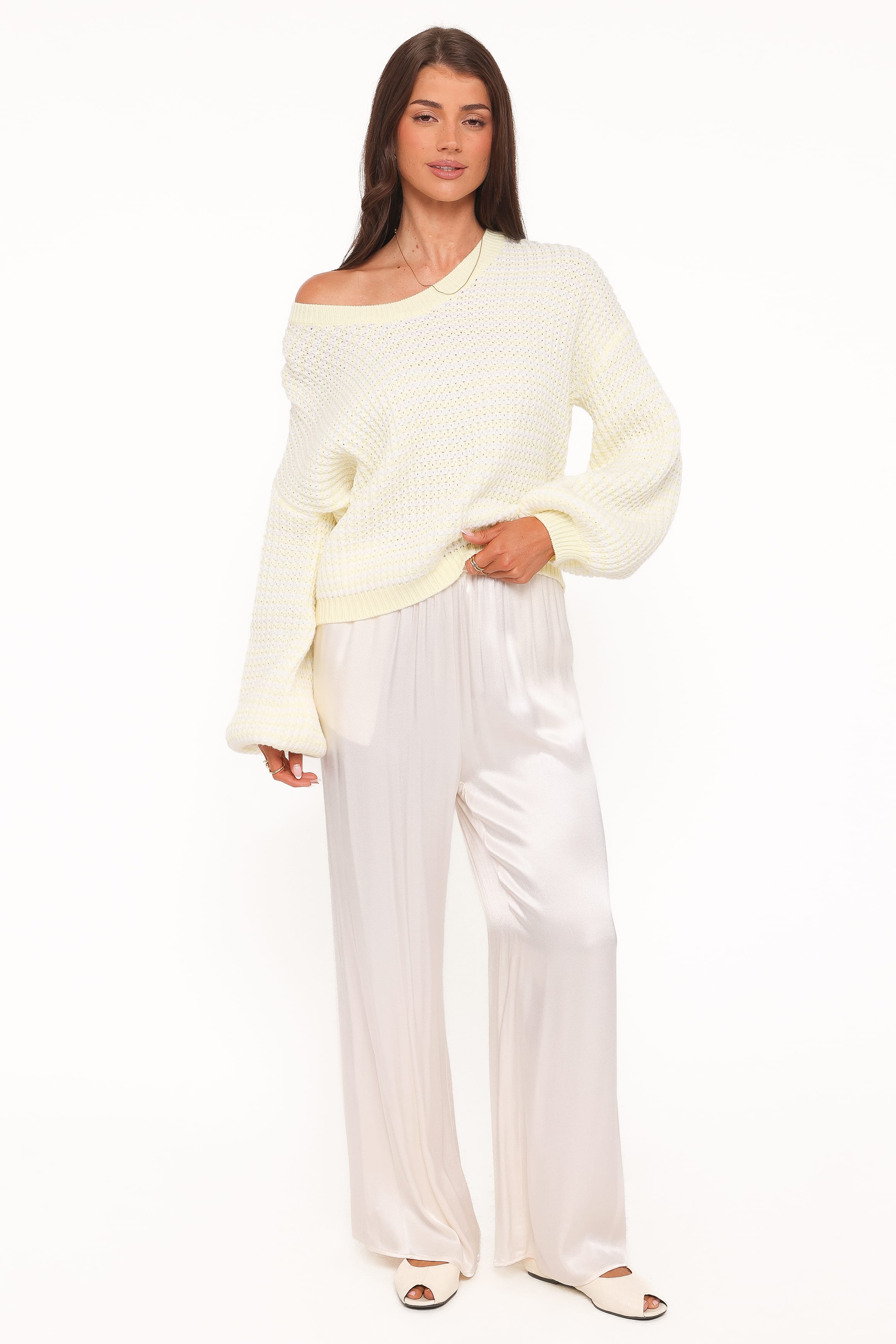 KNITWEAR Becca Crewneck Waffle Stitch Stripe Knit Sweater - Butter Yellow