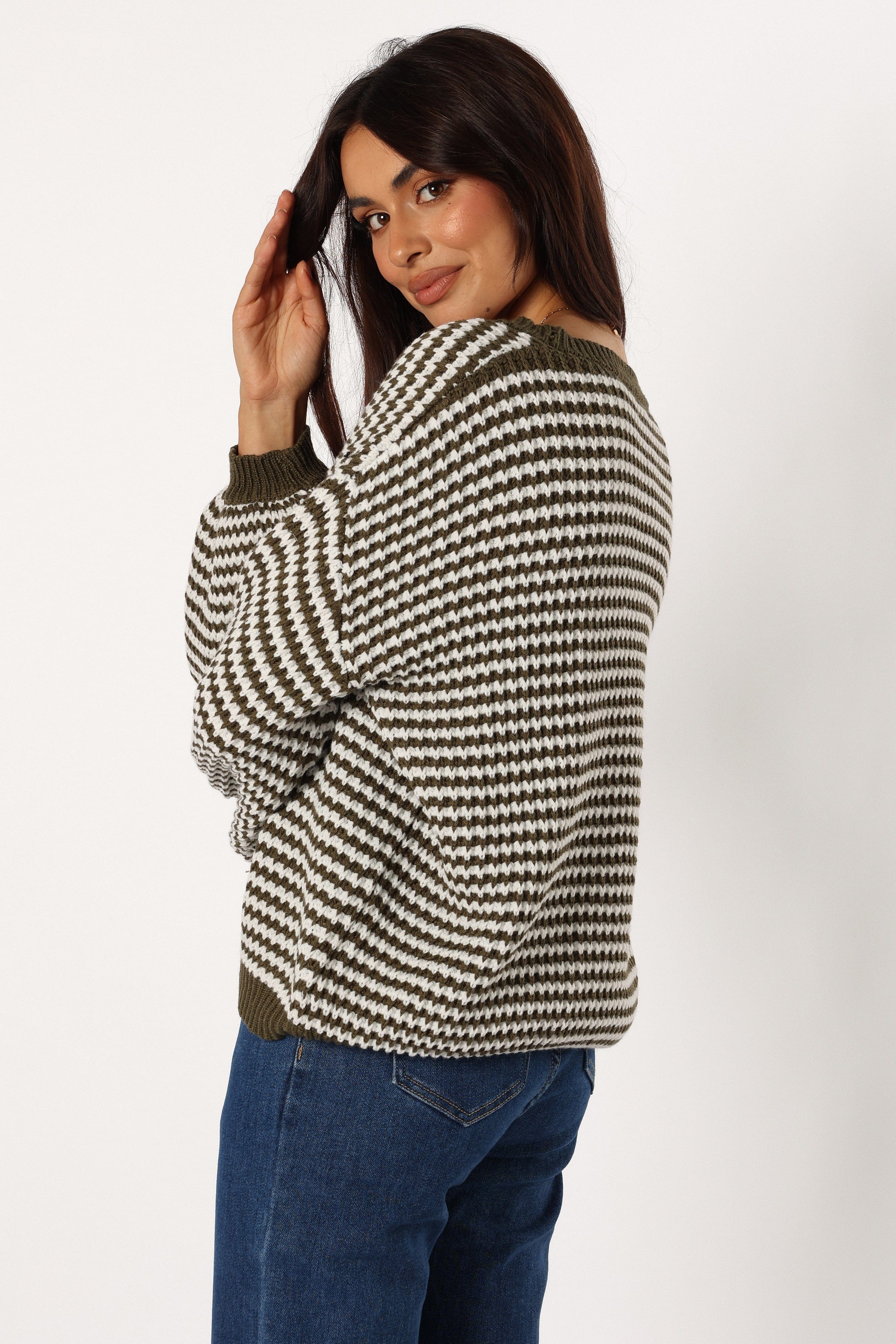 KNITWEAR Becca Crewneck Waffle Stitch Stripe Knit Sweater - Olive